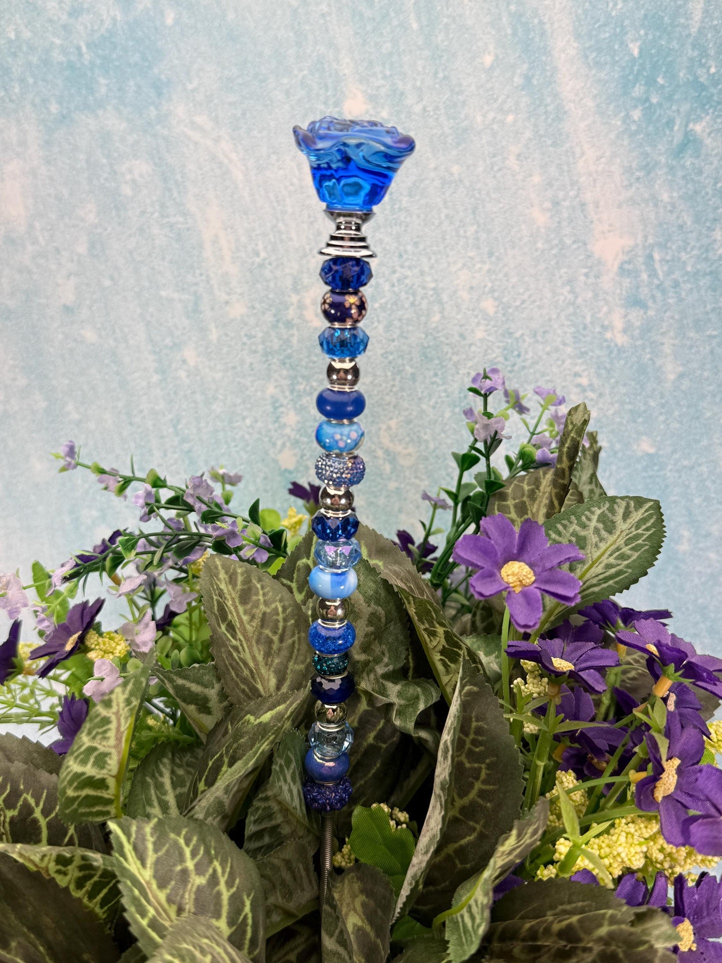 Fairy Garden Suncatcher Stakes – 15” Beaded Plant Decor with Glass Rose Topper