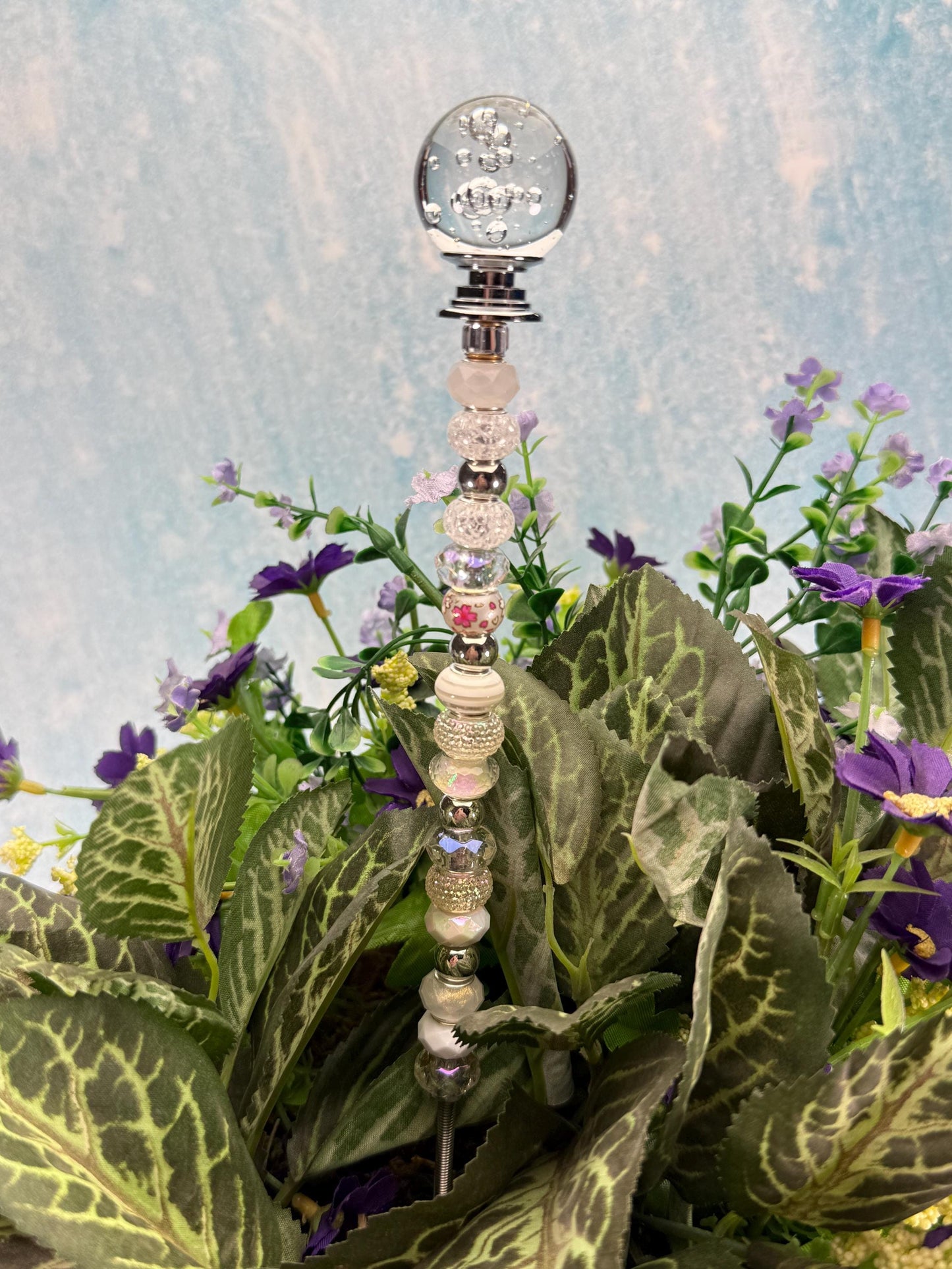 Fairy Garden Suncatcher Stakes – 15” Beaded Plant Decor with Crystal Bubble Ball Topper