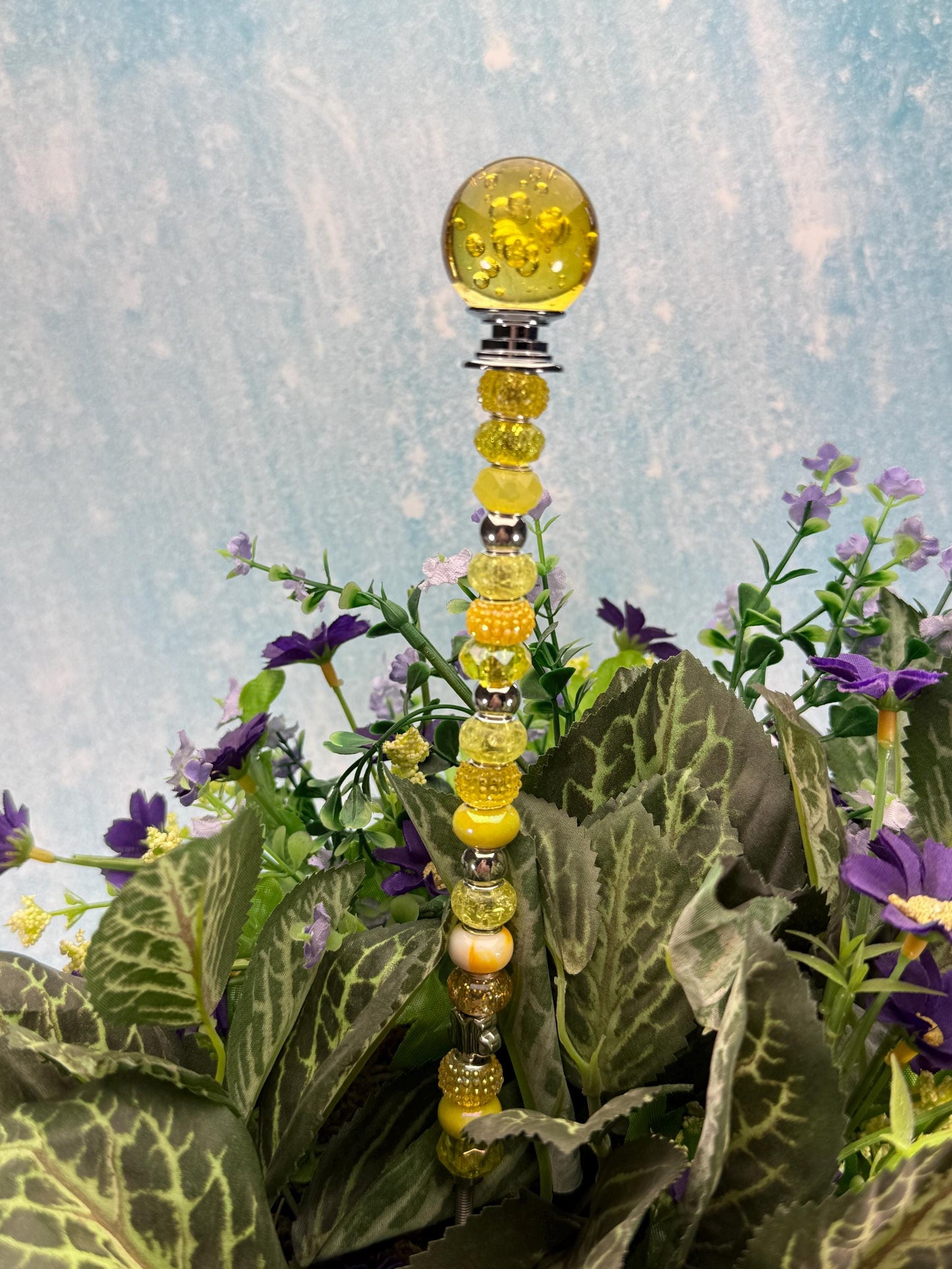 Fairy Garden Suncatcher Stakes – 15” Beaded Plant Decor with Crystal Bubble Ball Topper