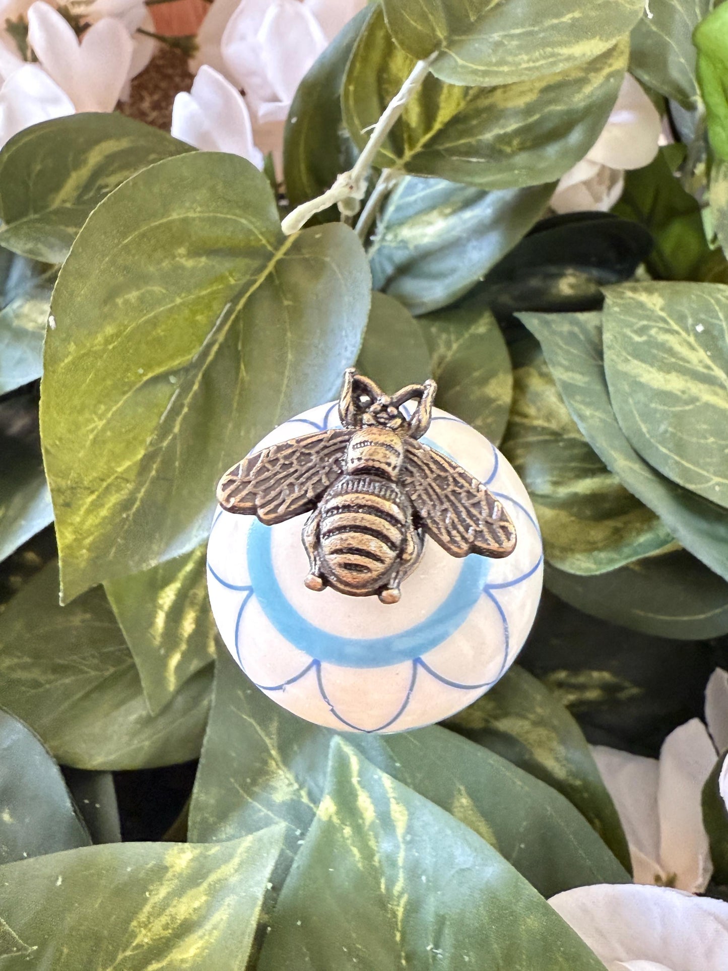 Bumble Bee Garden Suncatcher Stakes – 10” Beaded Plant Decor with Ceramic and metal bug topper