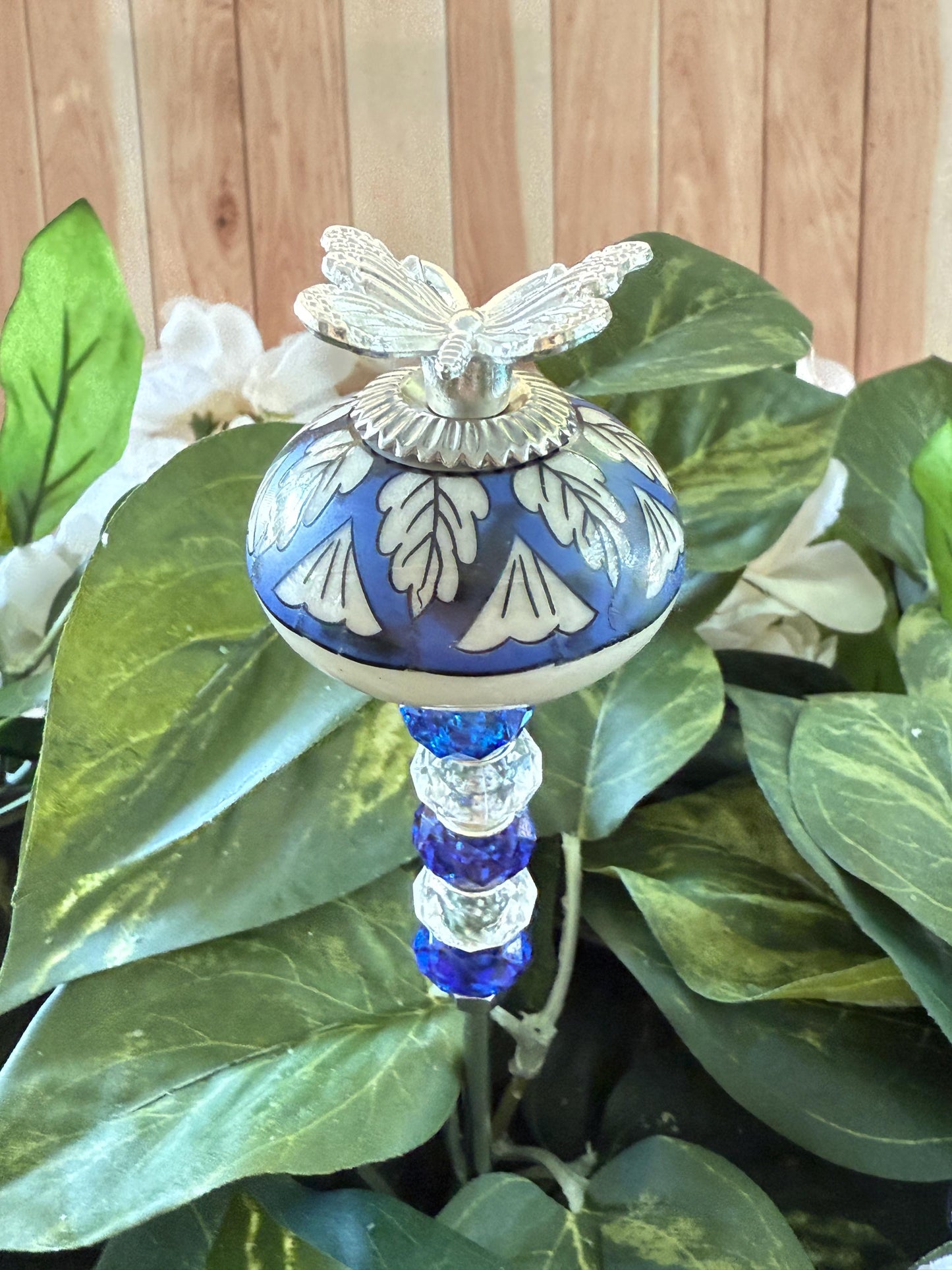 Butterfly Garden Suncatcher Stakes – 10” Beaded Plant Decor with Ceramic and metal bug topper
