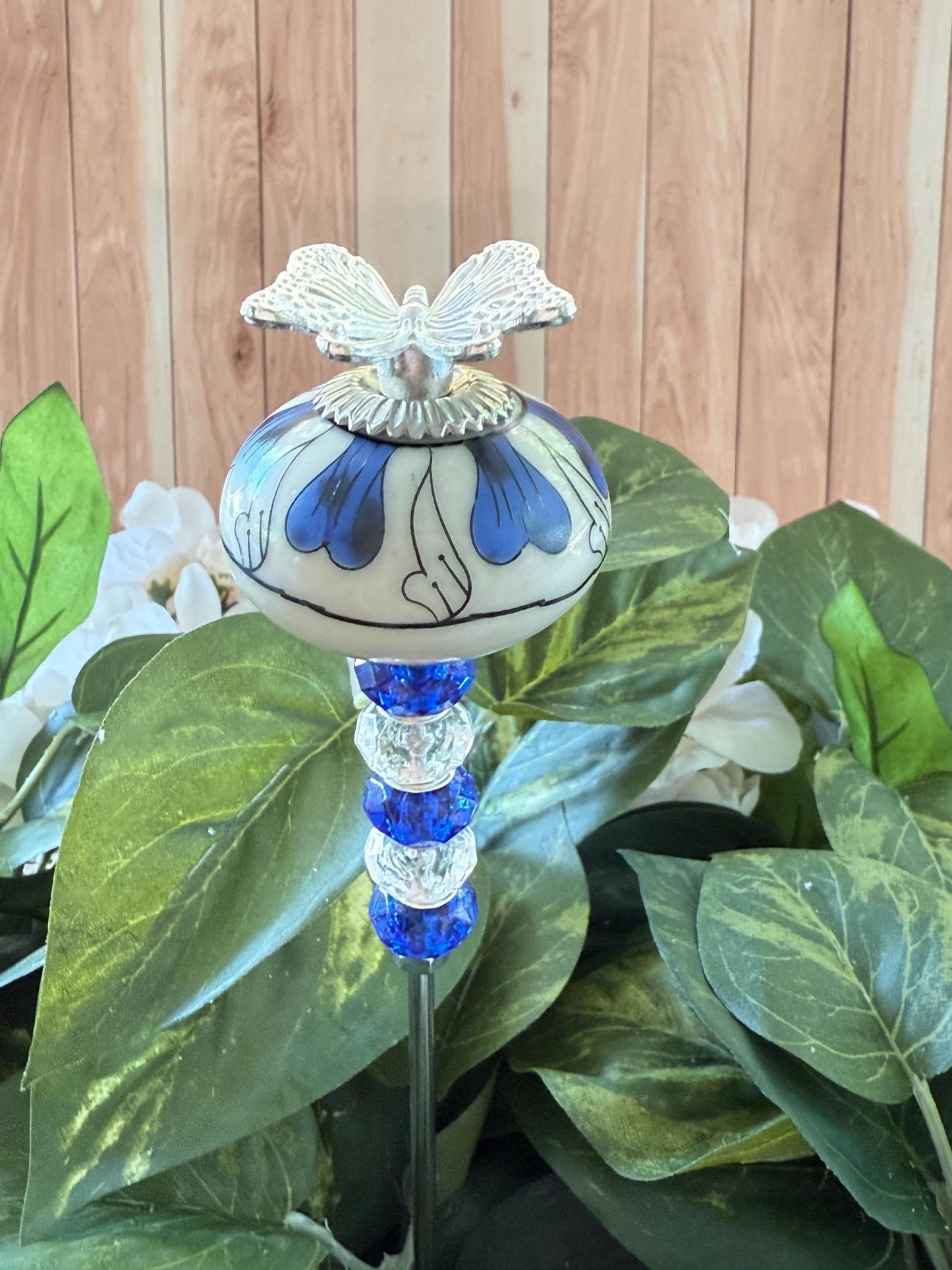 Butterfly Garden Suncatcher Stakes – 10” Beaded Plant Decor with Ceramic and metal bug topper