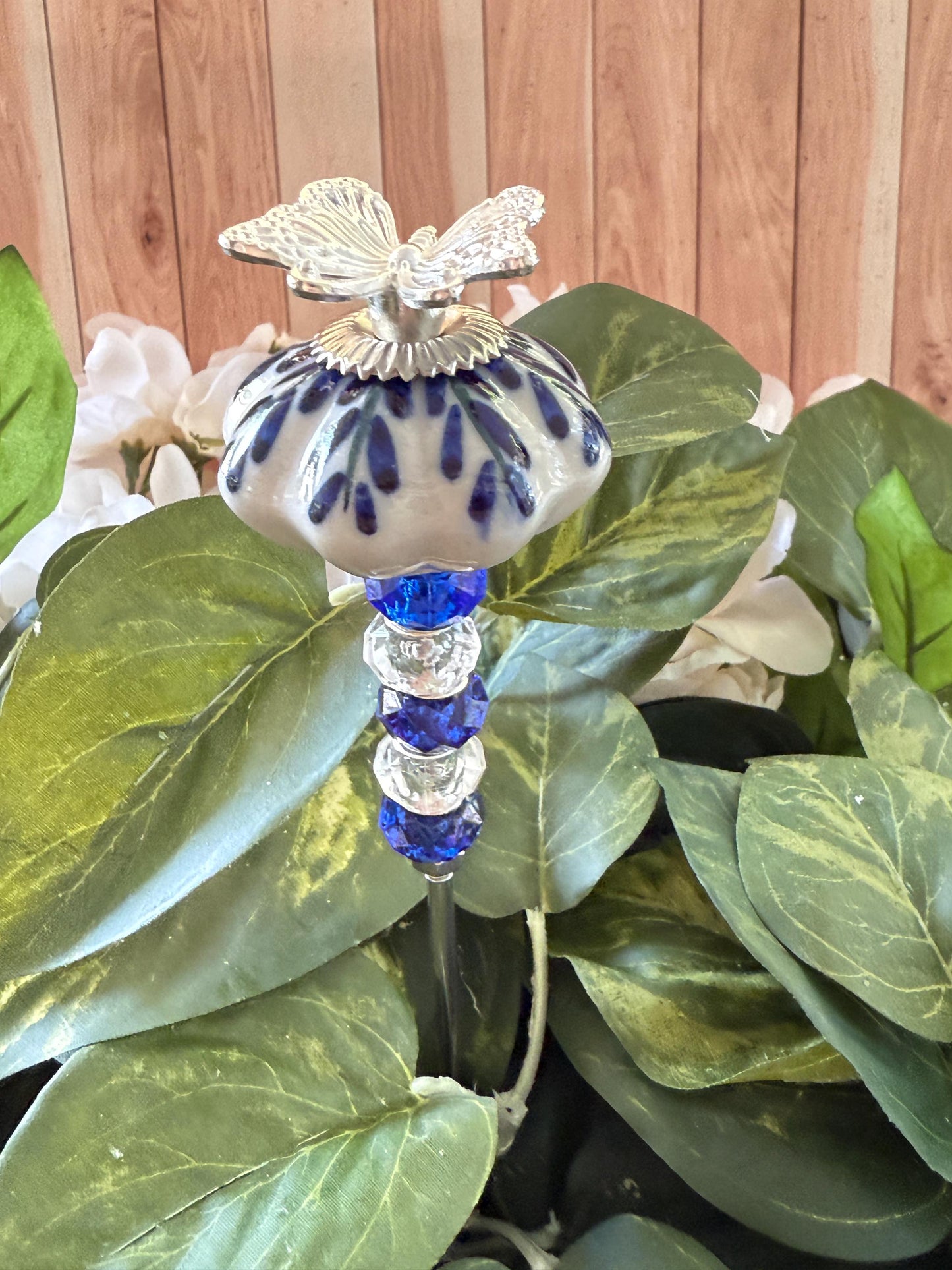 Butterfly Garden Suncatcher Stakes – 10” Beaded Plant Decor with Ceramic and metal bug topper