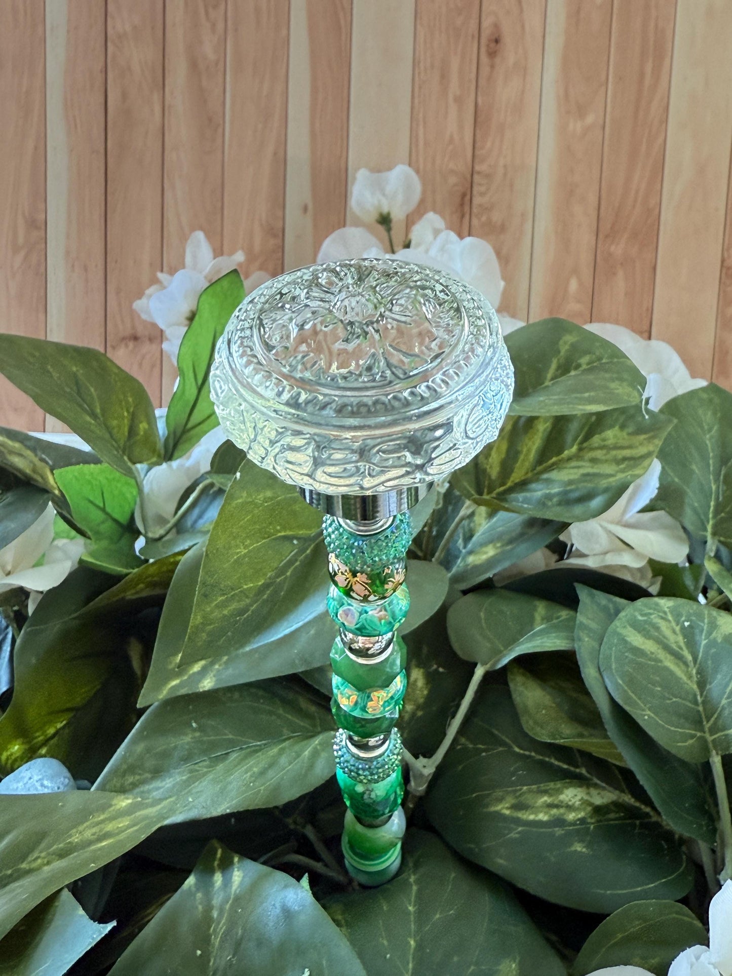 Blooming Glass Garden Suncatcher Stakes – 15” Beaded Plant Decor with Glass Topper