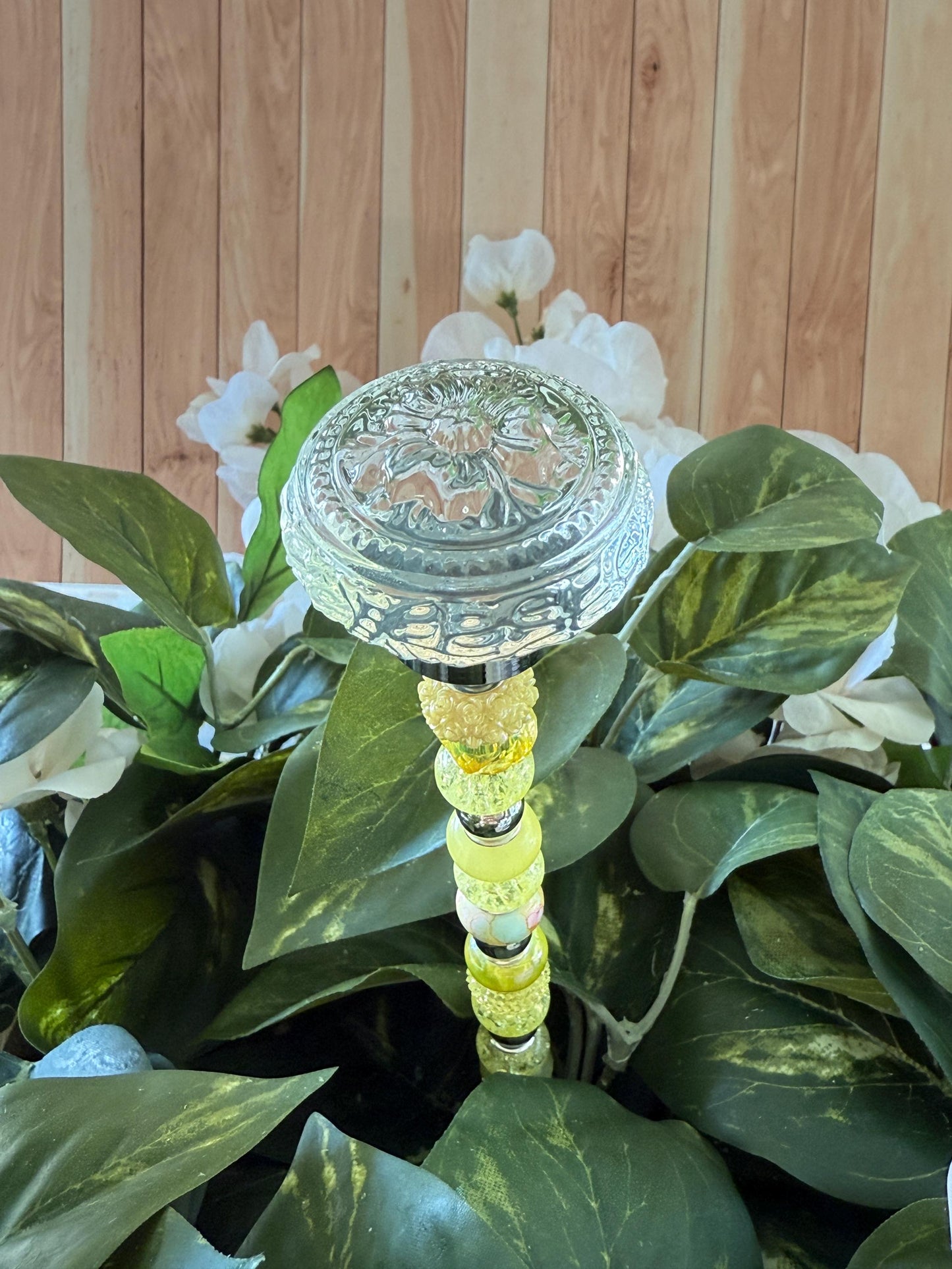 Blooming Glass Garden Suncatcher Stakes – 15” Beaded Plant Decor with Glass Topper