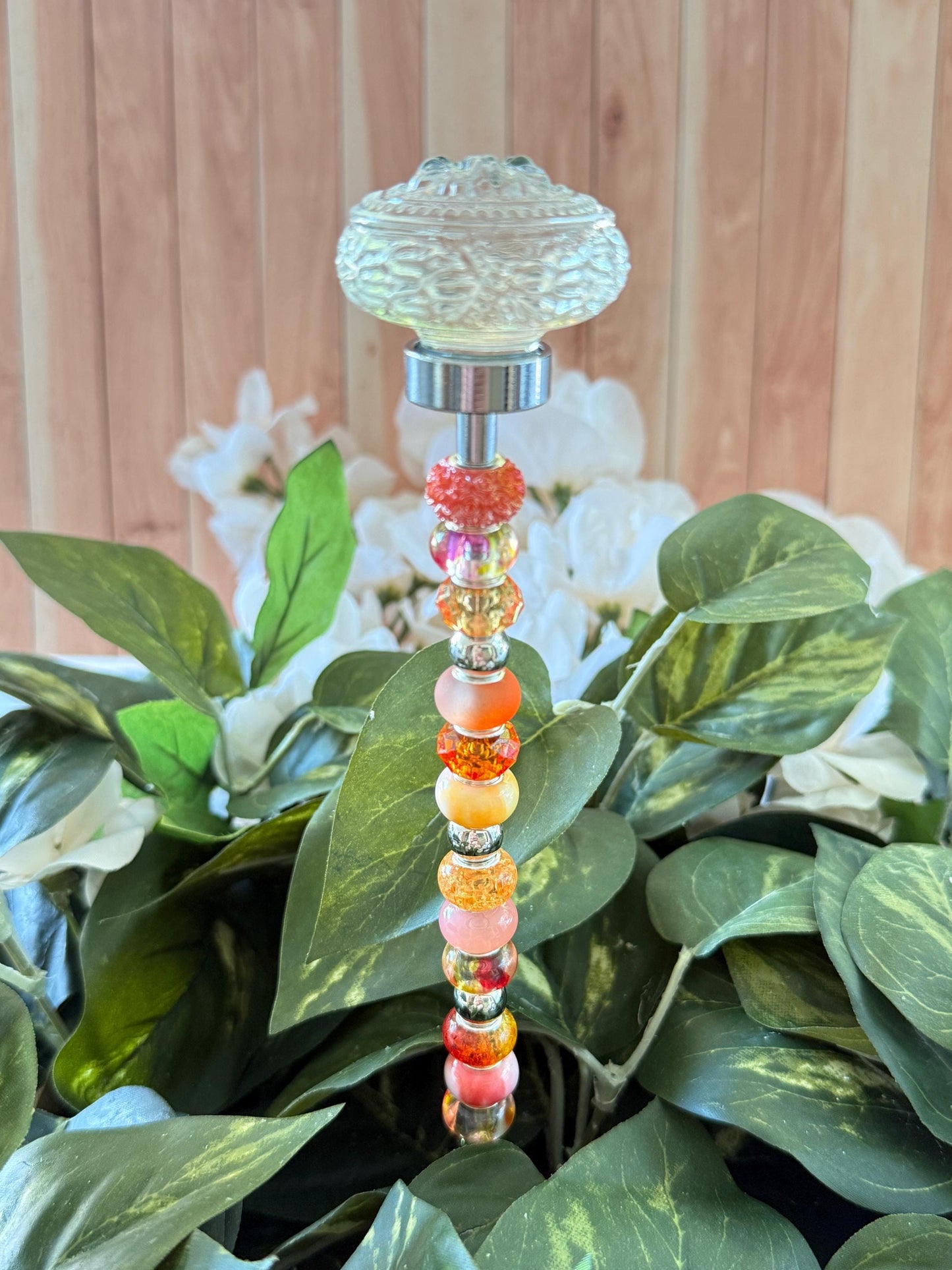 Blooming Glass Garden Suncatcher Stakes – 15” Beaded Plant Decor with Glass Topper