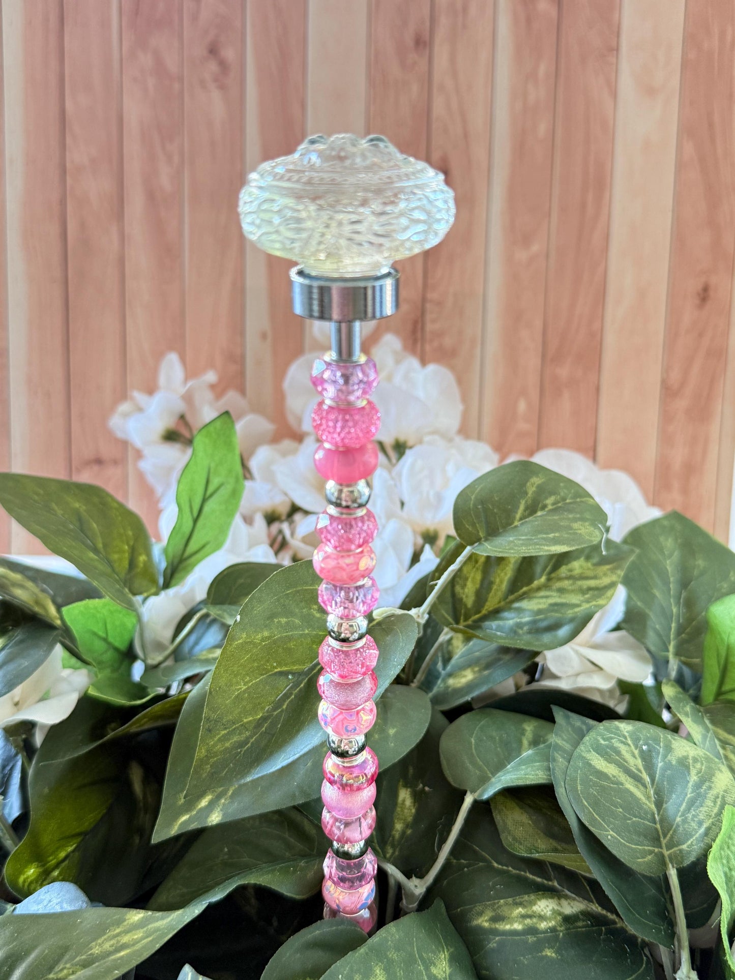 Blooming Glass Garden Suncatcher Stakes – 15” Beaded Plant Decor with Glass Topper