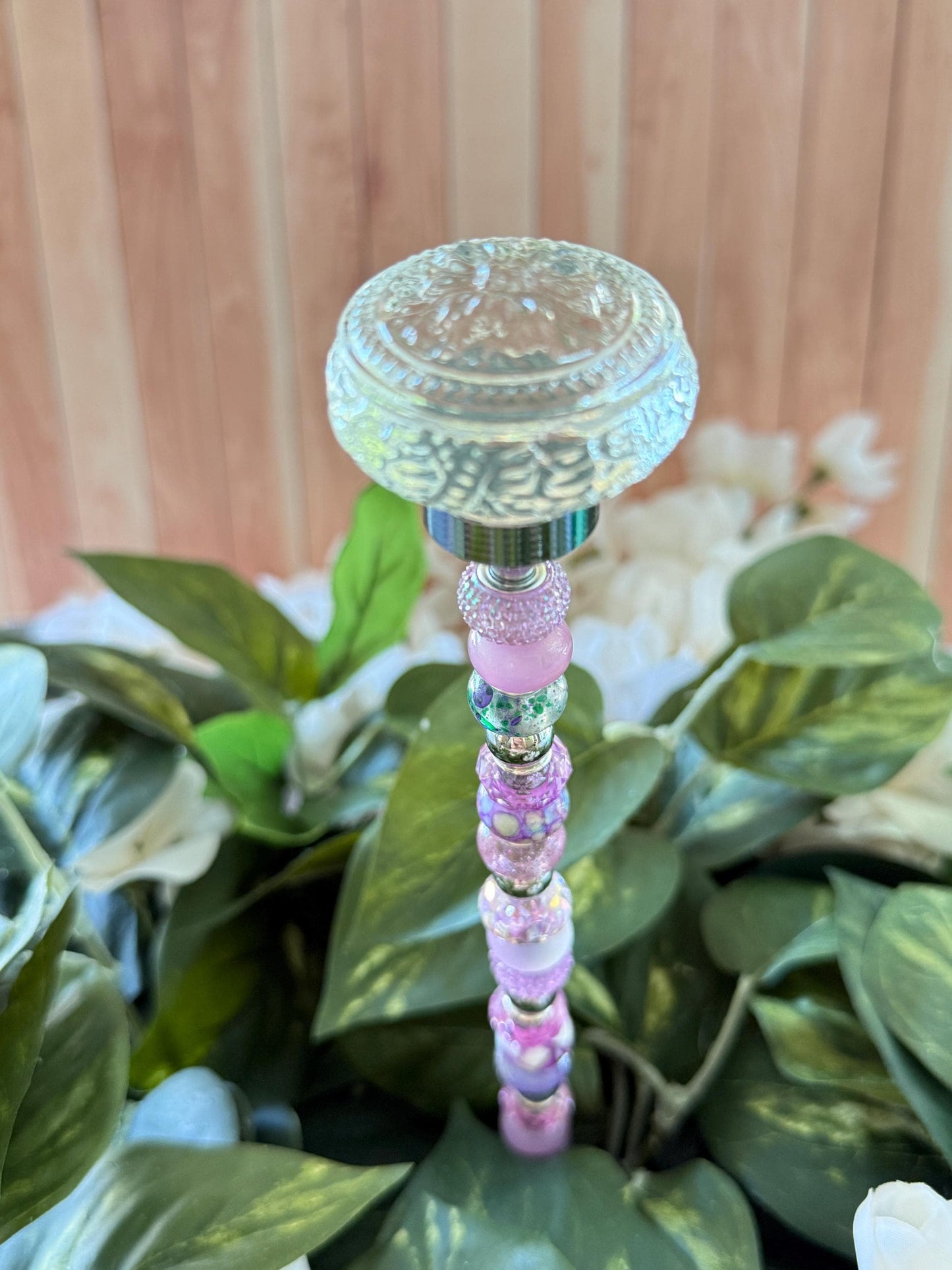 Blooming Glass Garden Suncatcher Stakes – 15” Beaded Plant Decor with Glass Topper