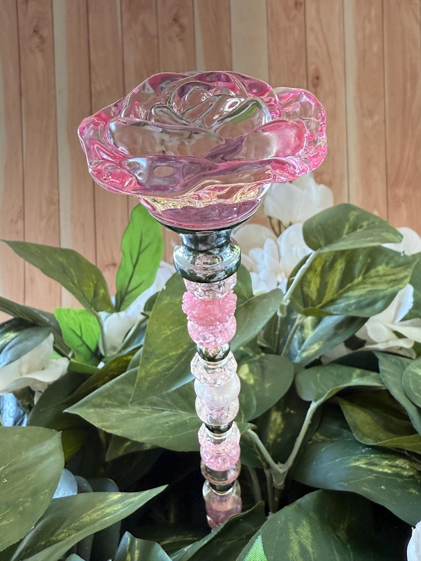 Giant Rose Garden Suncatcher Stakes – 15” Beaded Plant Decor with Glass Topper