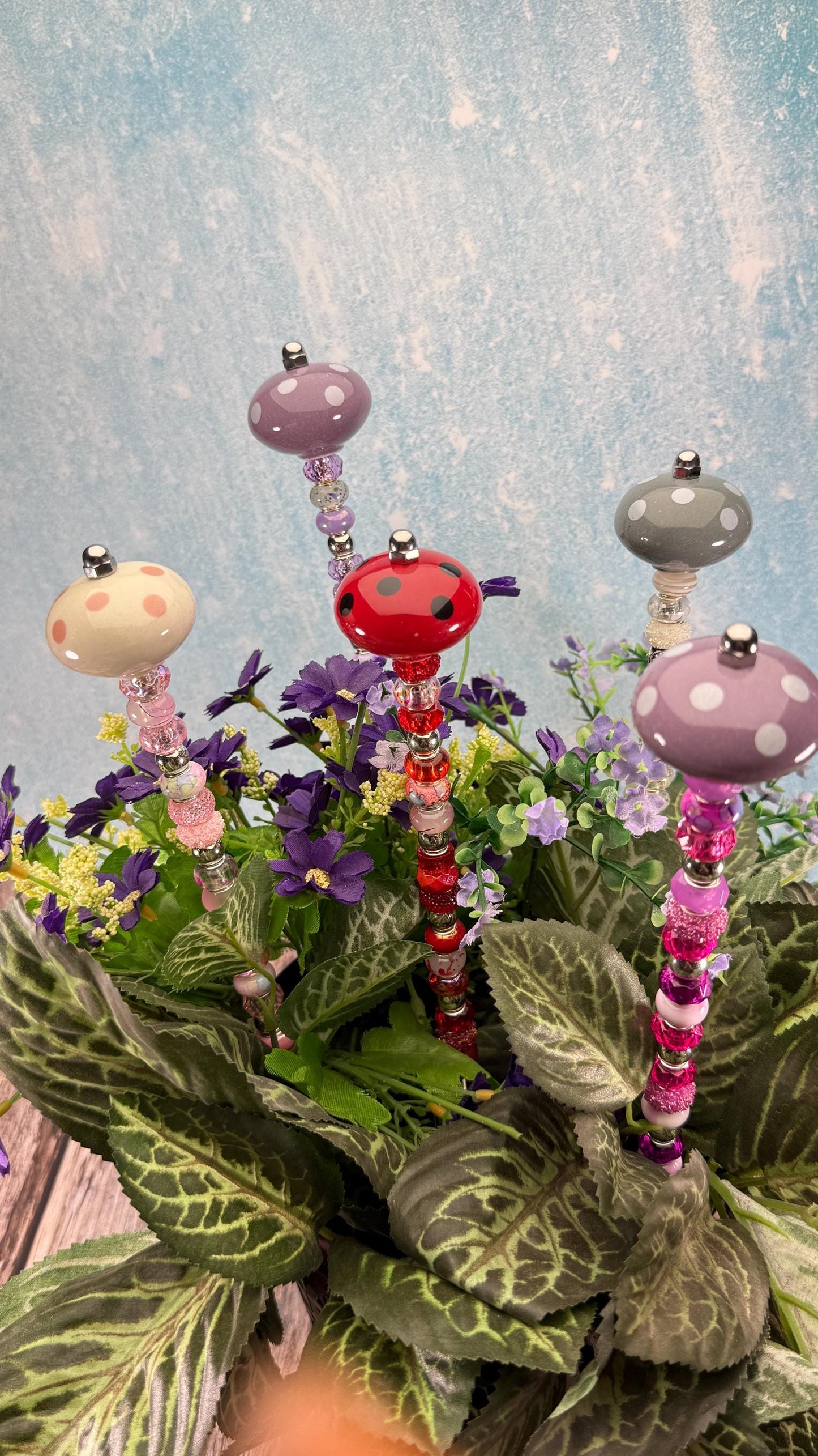 Fairy Garden Suncatcher Stakes – 15” Beaded Plant Decor with Whimsical polka dot Ceramic Topper