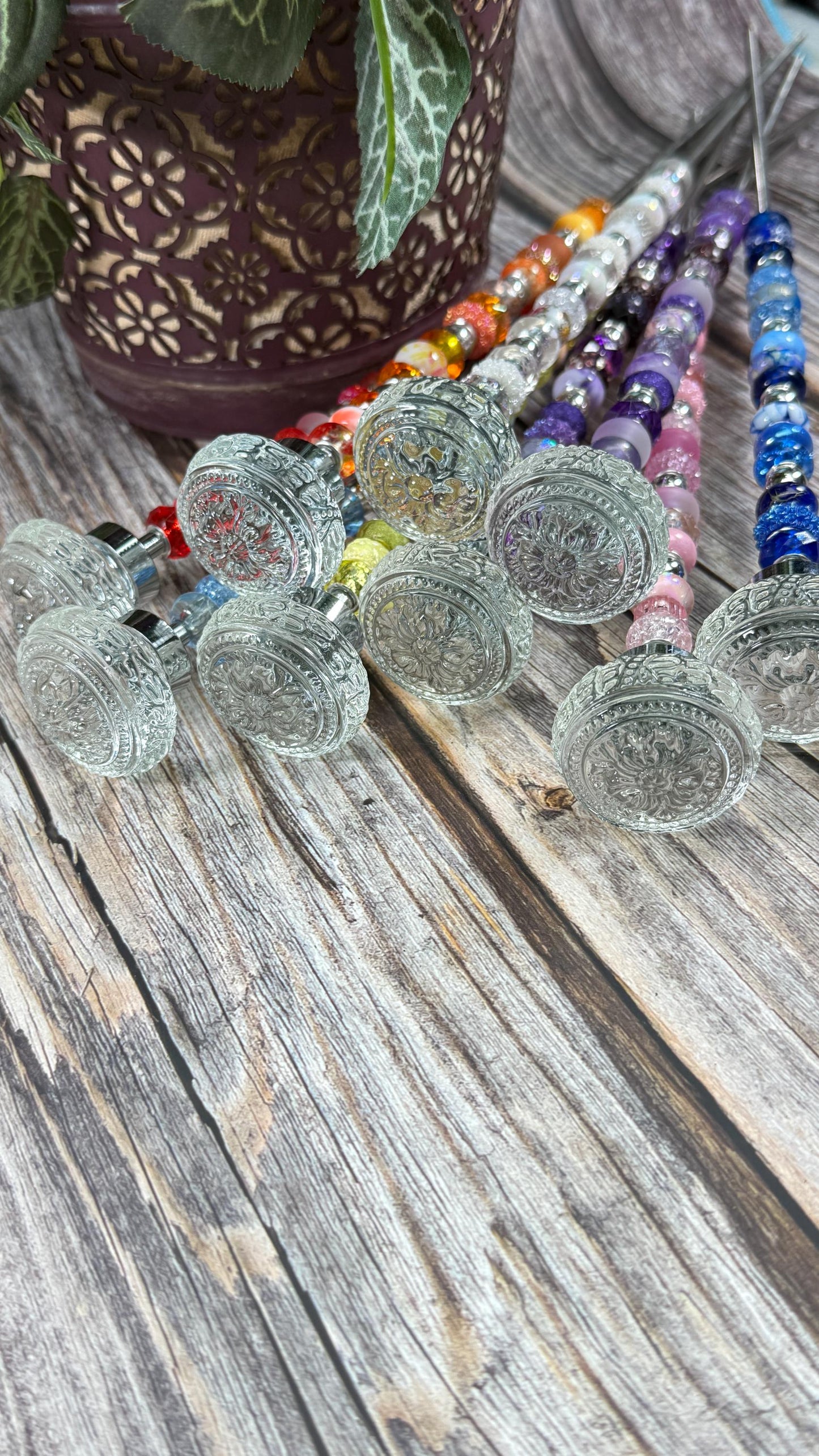 Fairy Garden Suncatcher Stakes – 15” Beaded Plant Decor with Clear Glass Saucer Topper