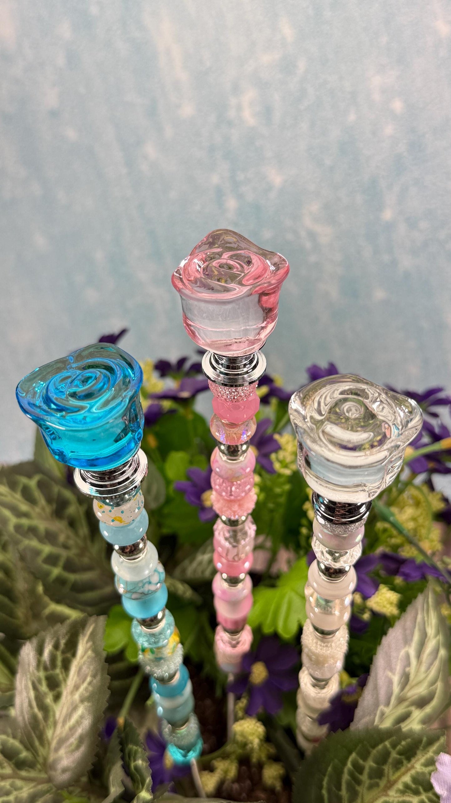 Whimsical Glass Garden Stakes – Beaded Garden Decor | Glass Topper Plant Stakes | Unique Garden Gift | Dragonfly Custom Accessories