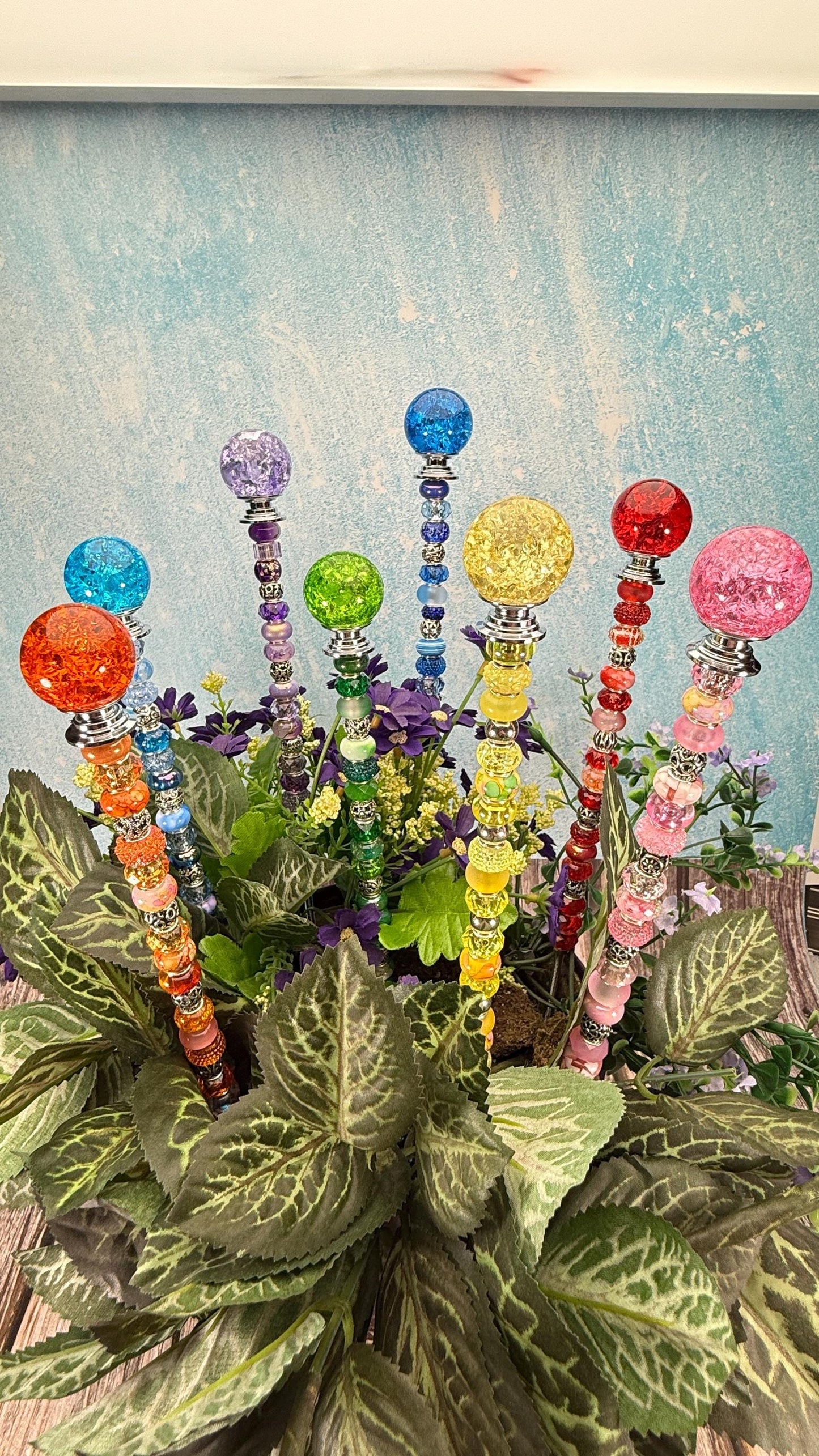 Fairy Garden Suncatcher Stakes – 15” Beaded Plant Decor with Crackle Glass Ball Topper