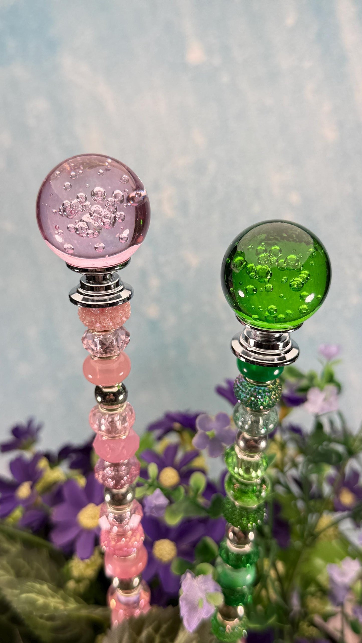 Wicked collection Fairy Garden Suncatcher Stakes – 15” Beaded Plant Decor with Glass Topper