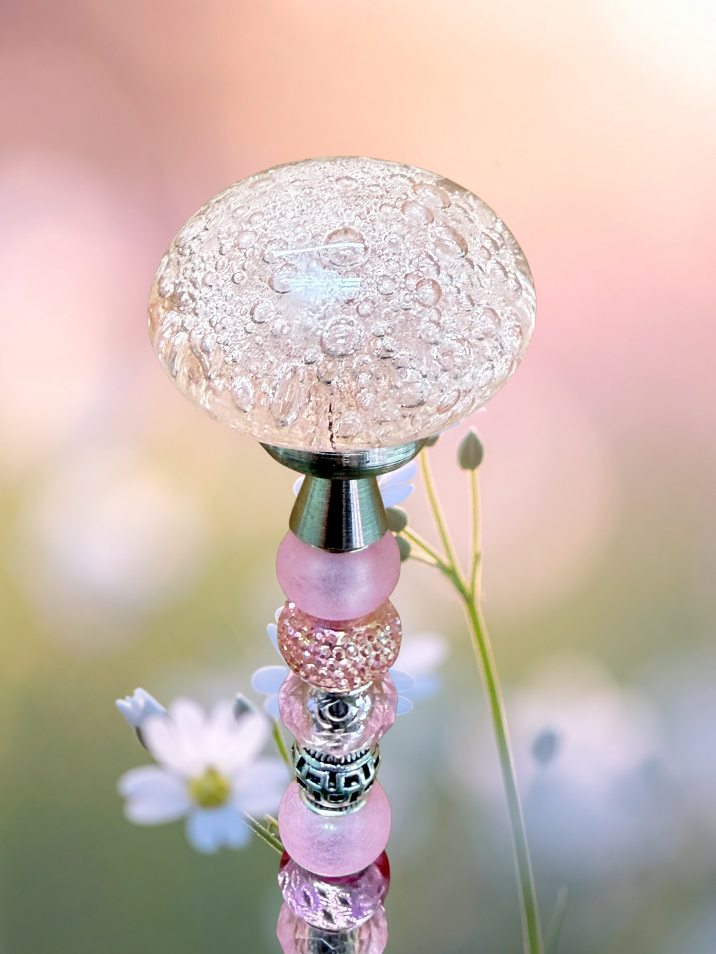 Fairy Garden Suncatcher Stakes | Bubble Glass Oval Light Pink