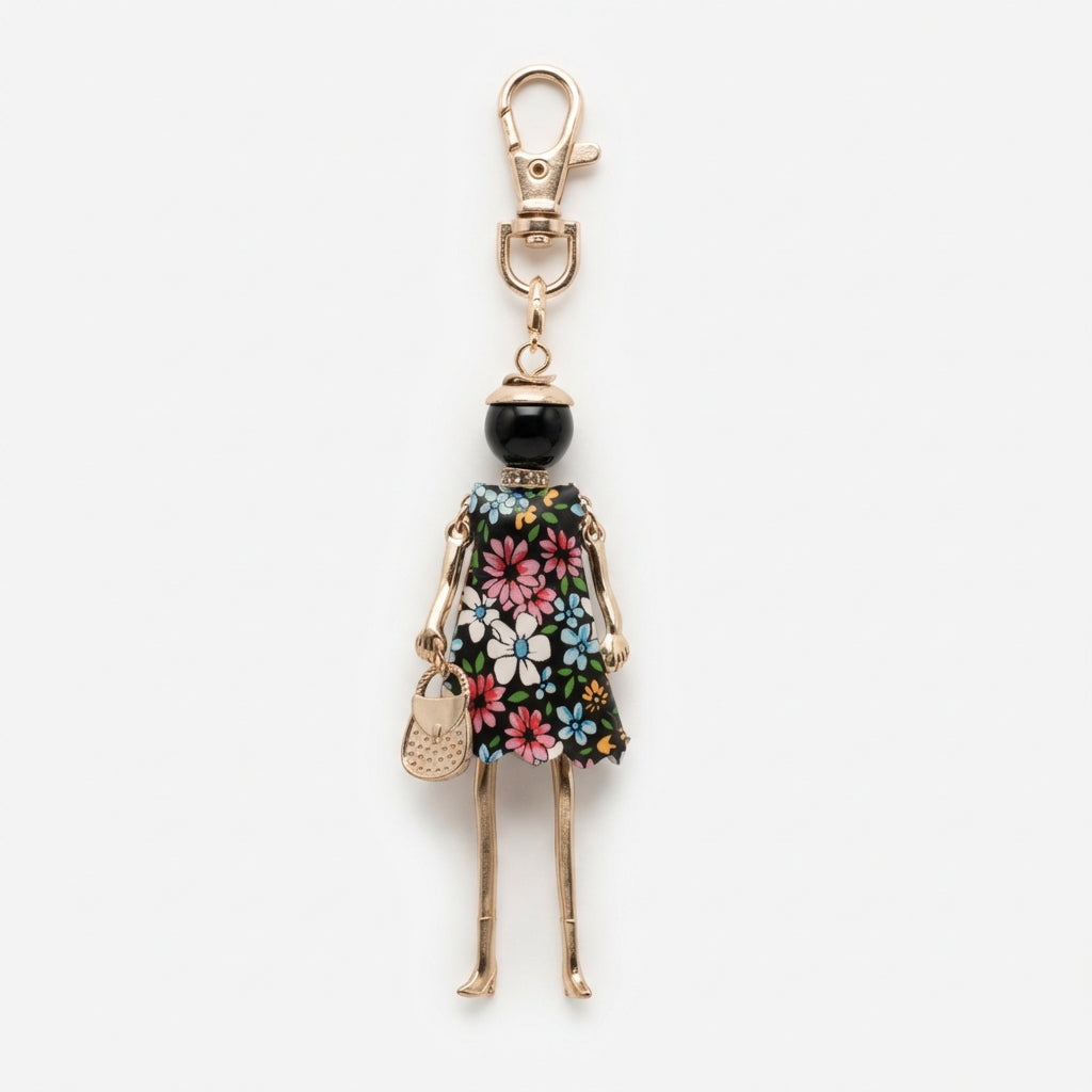 Bijou Doll Purse Charm | Gold Black Floral dress