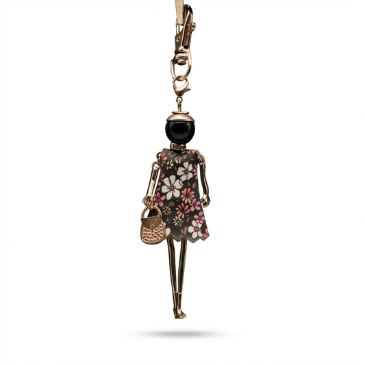 Bijou Doll Purse Charm | Gold Charcoal Floral dress