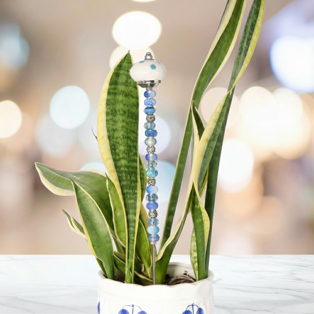 Fairy Garden Suncatcher Stakes | Ceramic Polka Dots White with Blue Dots