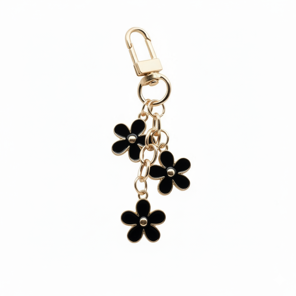 Enamel Flower Purse Charm - Triple Bloom - Black