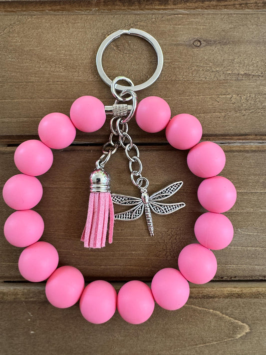 Elegant Stainless Steel Cable Wristlet - Silicone Beads, Leather Tassel & Dragonfly Charm