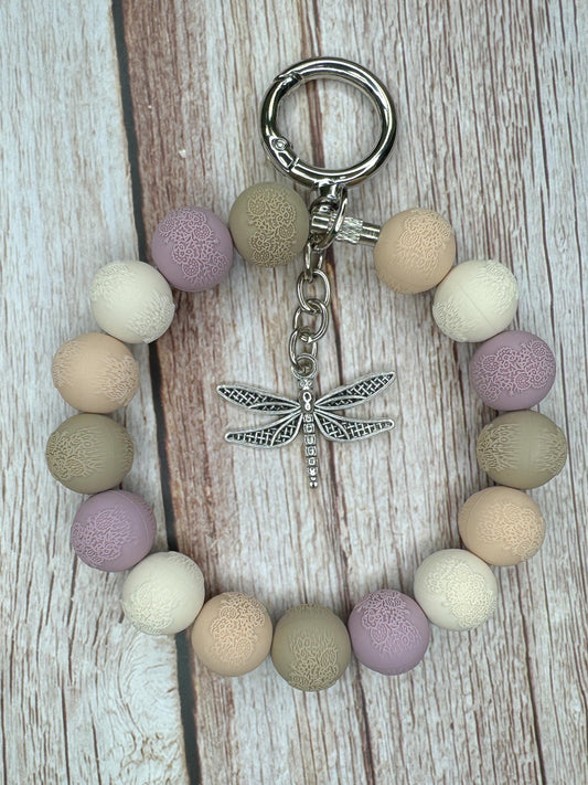 Embossed Bead Wristlets - With Silver Dragonfly Charm, Swivel Clasp, Steel Cable Core
