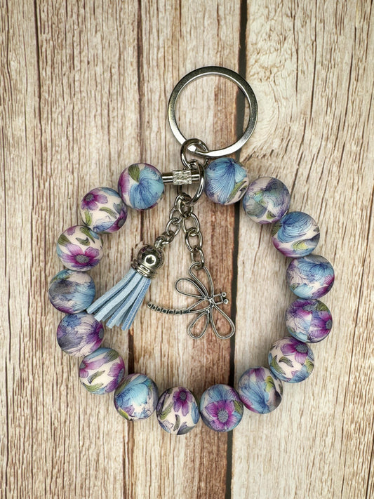 Stainless Steel Cable Wristlet - Silicone Beads, Leather Tassel & Dragonfly Charm