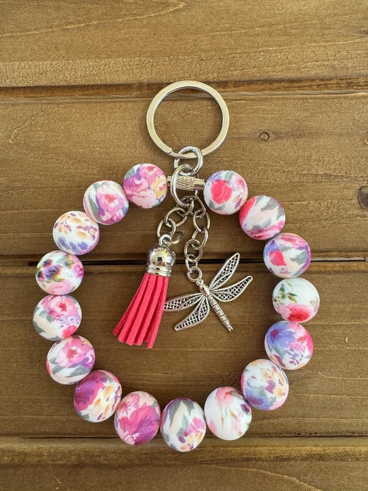Elegant Stainless Steel Cable Wristlet - Silicone Beads, Leather Tassel & Dragonfly Charm