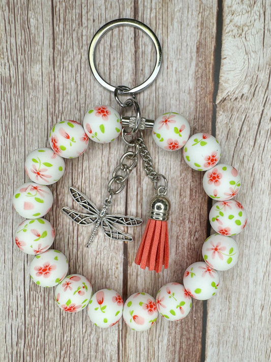 Stainless Steel Cable Wristlet - Silicone Beads, Leather Tassel & Dragonfly Charm