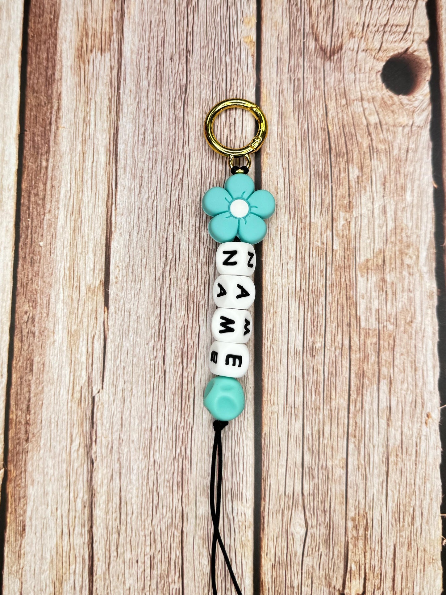 Customizable Name Keychain - Flower Bead & Silicone Letter Beads Golden Personalized Key Ring