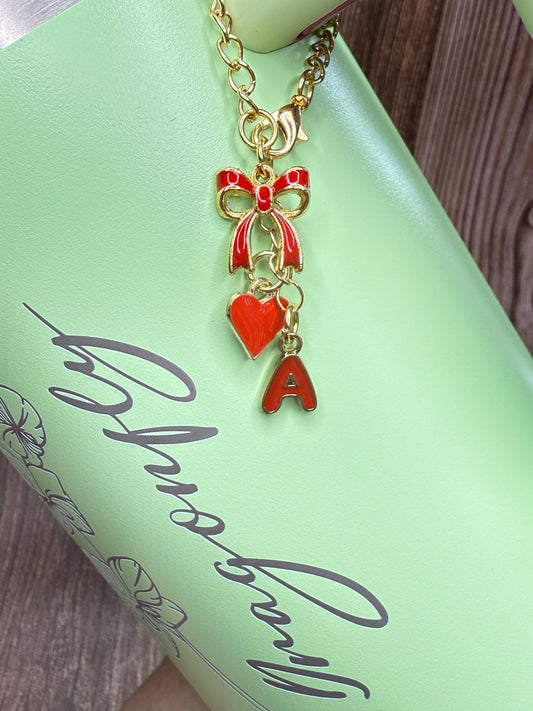 Personalized Initial Tumbler Charm Chain Bow & Heart, Custom Enamel Letter Stanley Cup, Gift for Her (6 Colors) Olivia Rodrigo Swiftie Girl