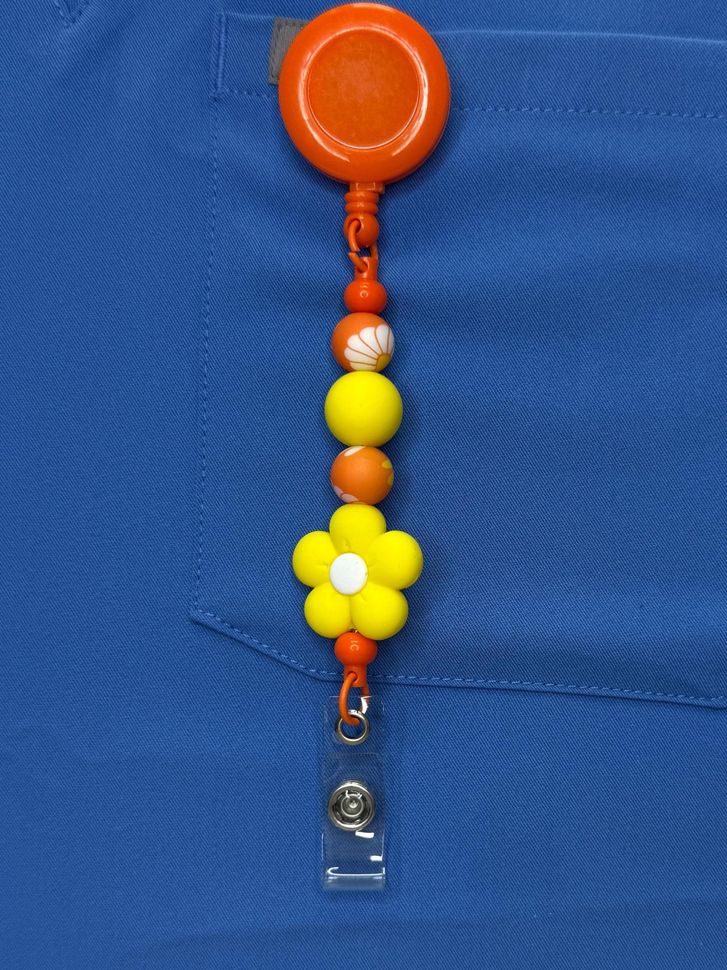 Beaded Nurse Badge Reel: Five-Petal Flower, Retractable ID Holder