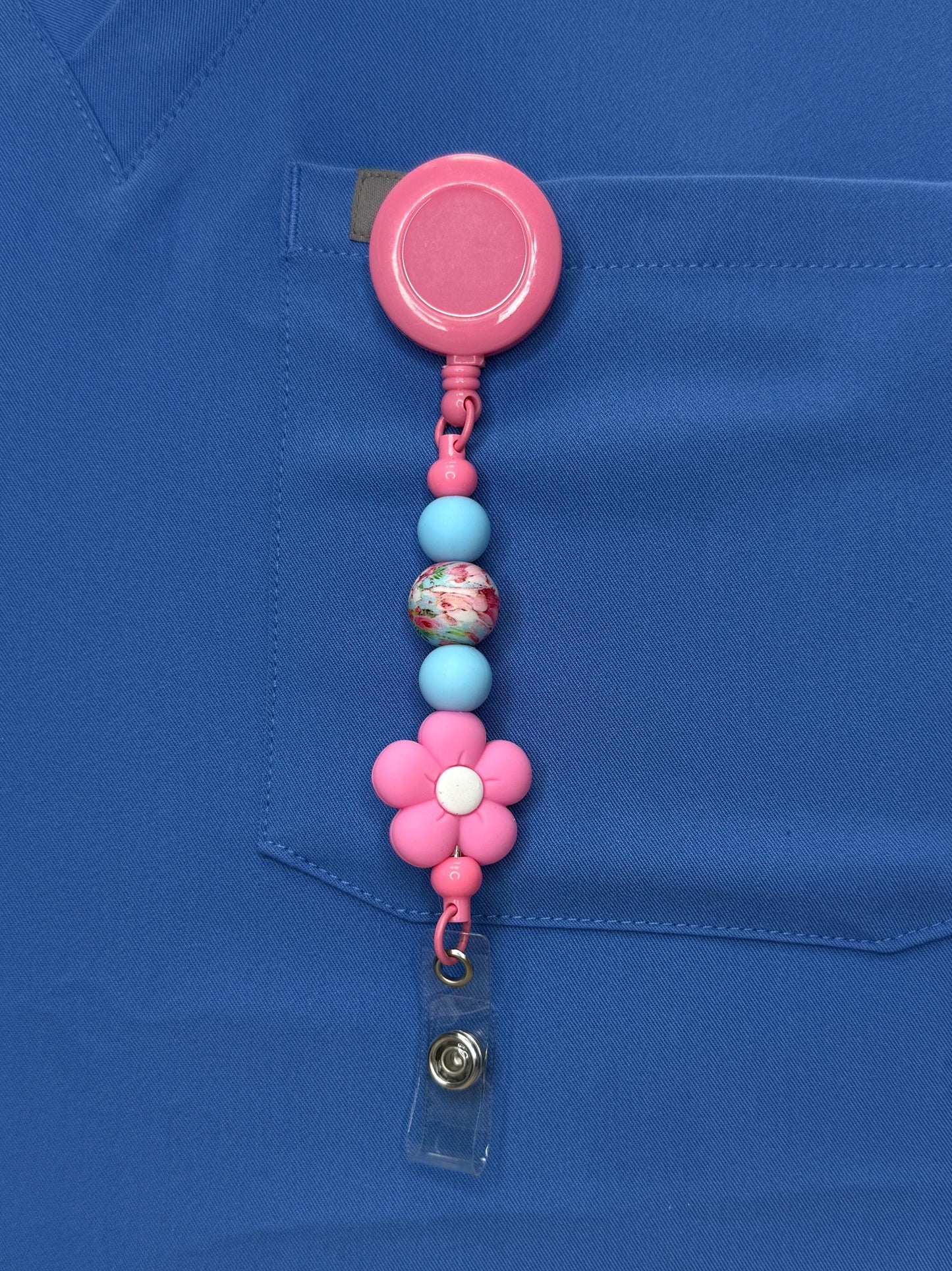 Beaded Nurse Badge Reel: Five-Petal Flower, Retractable ID Holder