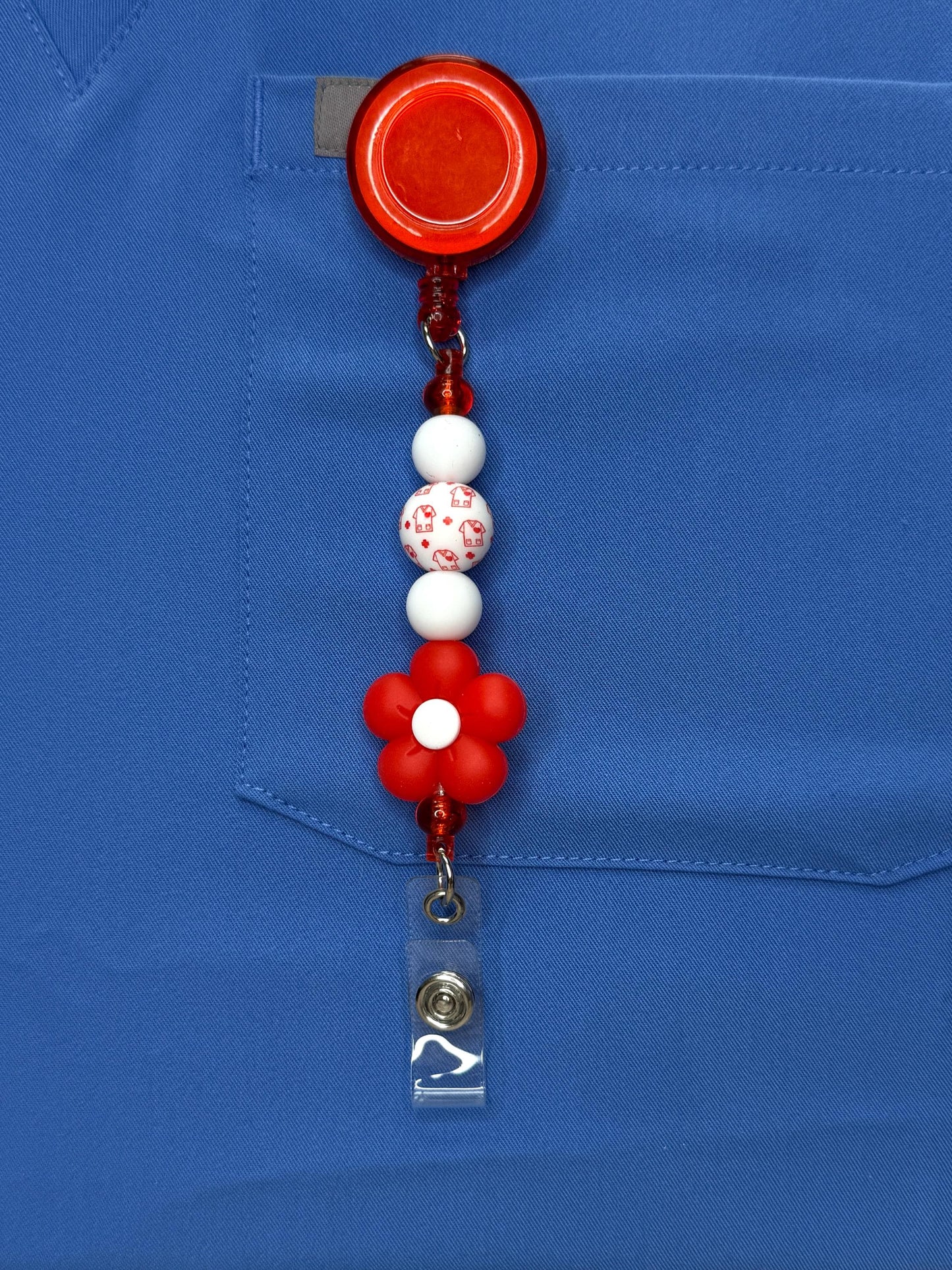 Beaded Nurse Badge Reel: Five-Petal Flower, Retractable ID Holder