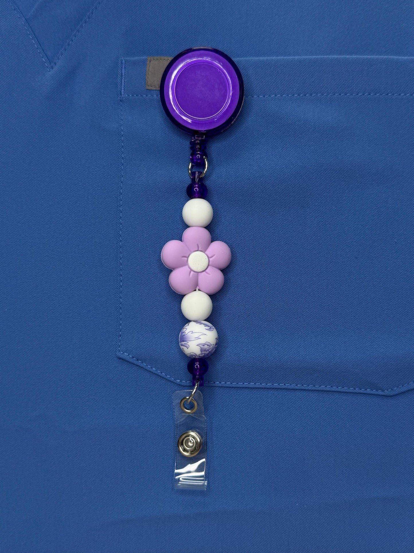 Floral Pop Beaded Badge Reel | 1” Silicone Flower ID Holder | Retractable Badge Clip for Nurses, PSWs, Vet Techs, Dental & More