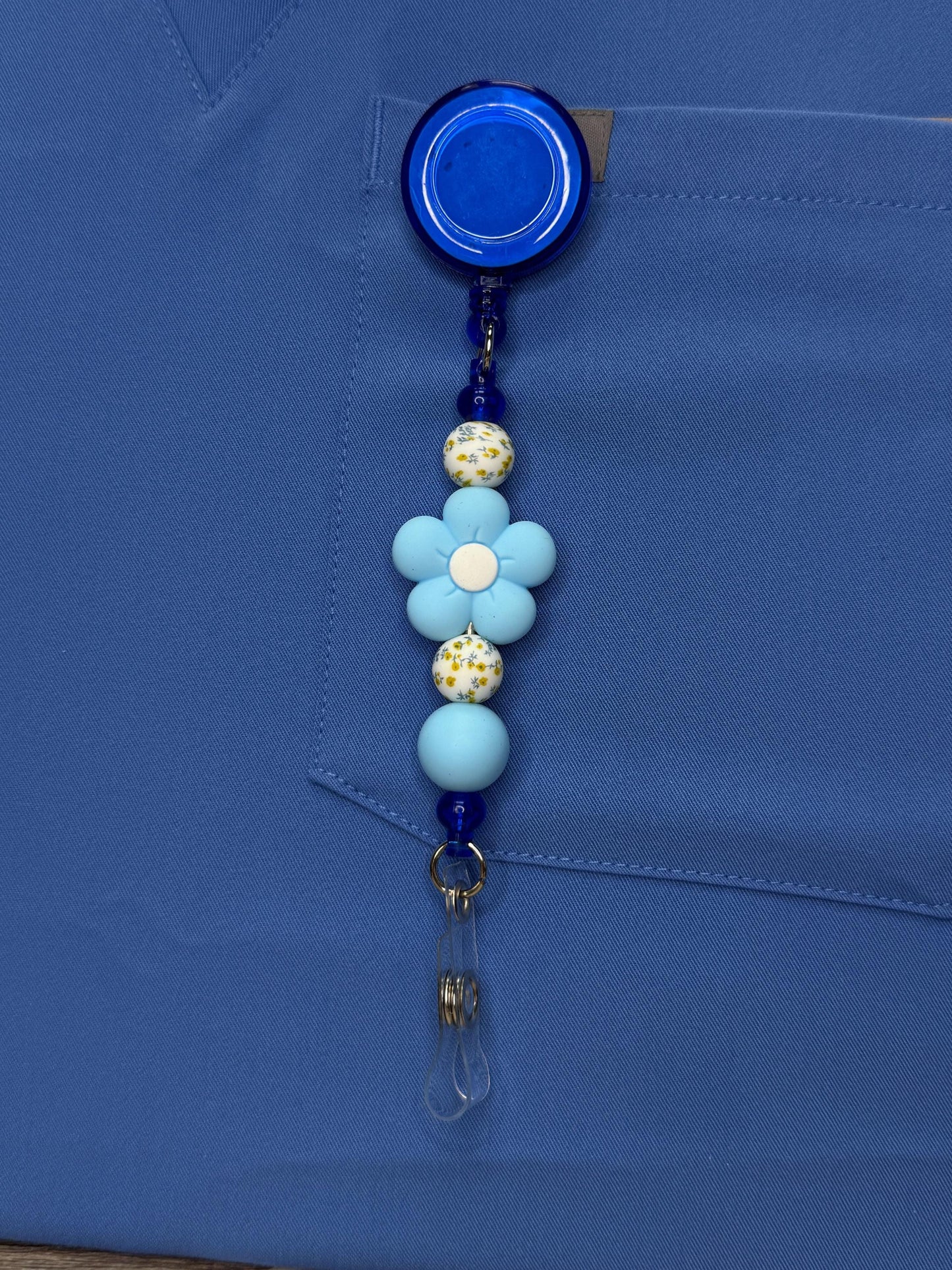 Floral Pop Beaded Badge Reel | 1” Silicone Flower ID Holder | Retractable Badge Clip for Nurses, PSWs, Vet Techs, Dental & More