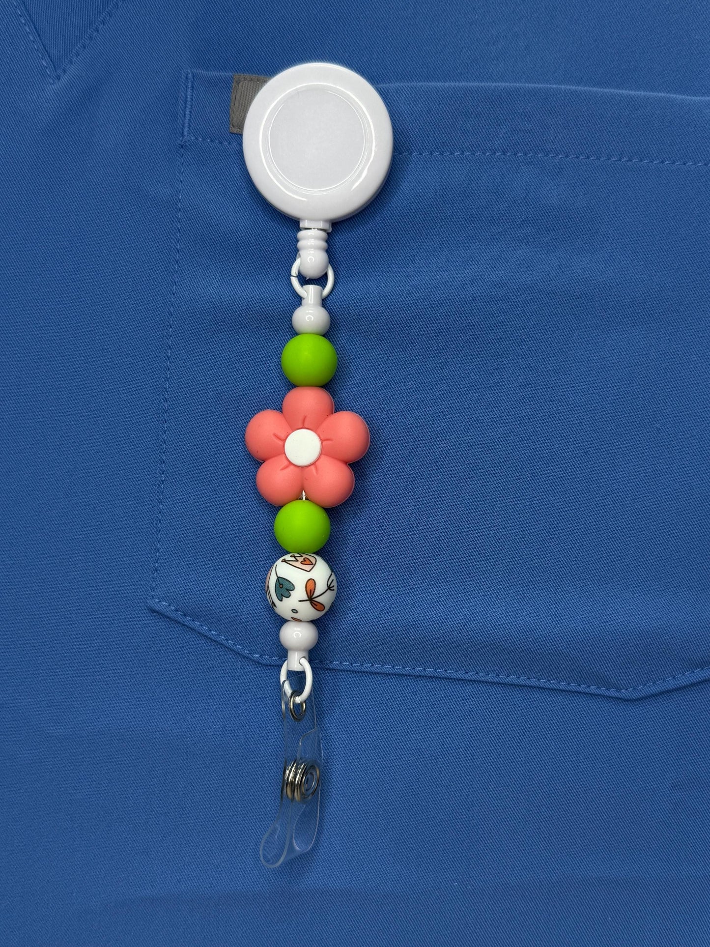 Floral Pop Beaded Badge Reel | 1” Silicone Flower ID Holder | Retractable Badge Clip for Nurses, PSWs, Vet Techs, Dental & More