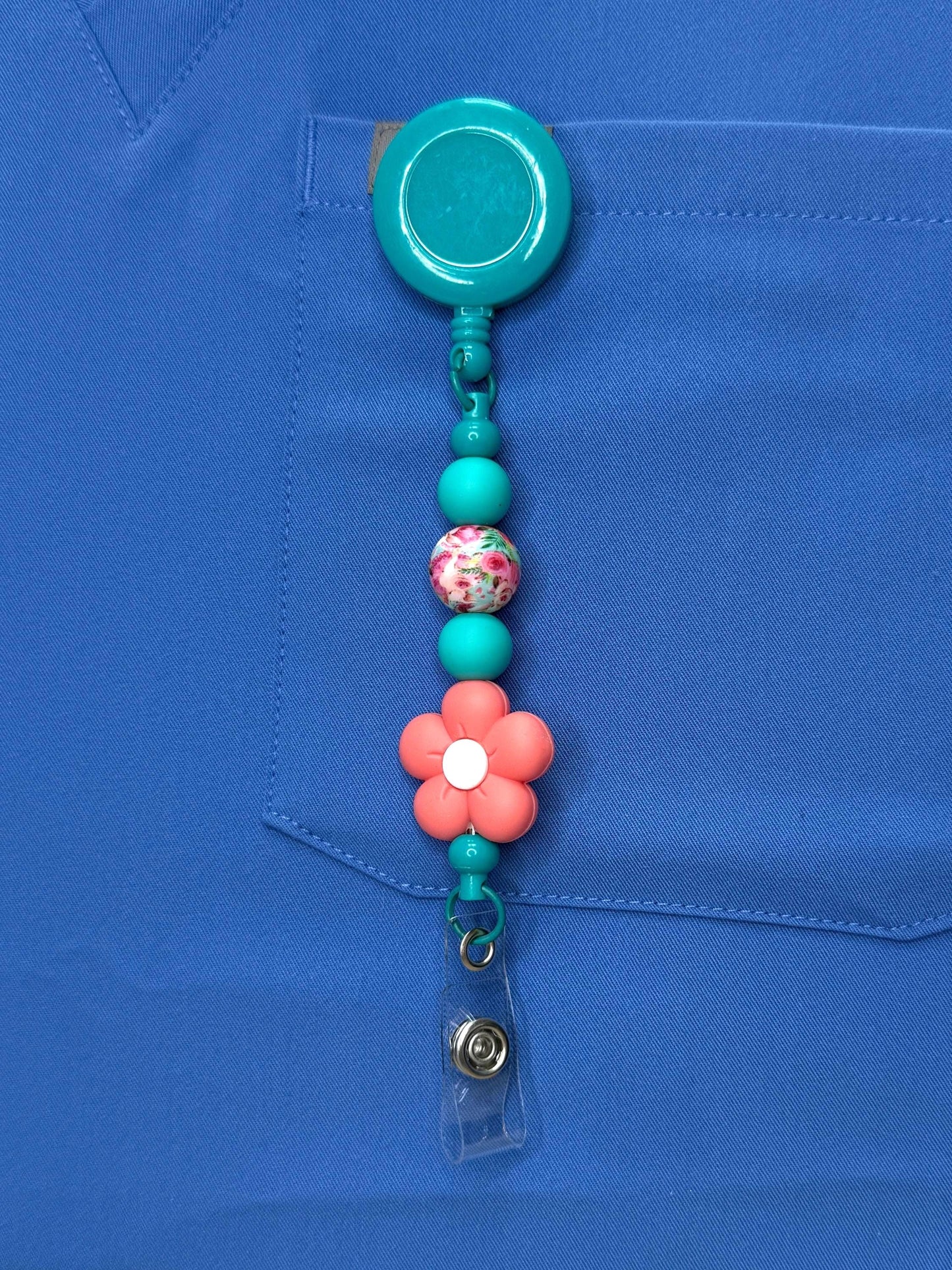 Beaded Nurse Badge Reel: Five-Petal Flower, Retractable ID Holder