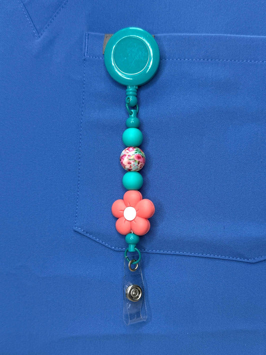Beaded Nurse Badge Reel: Five-Petal Flower, Retractable ID Holder