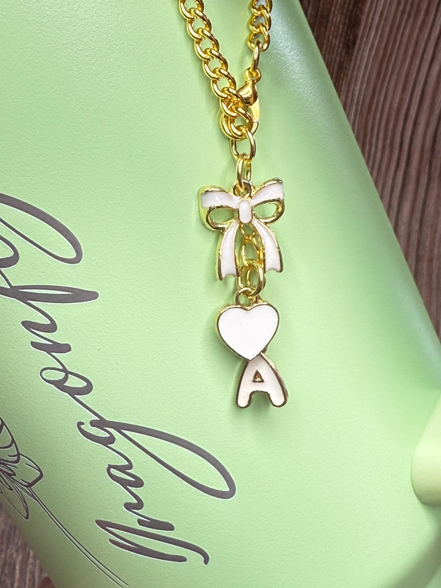 Personalized Initial Tumbler Charm Chain Bow & Heart, Custom Enamel Letter Stanley Cup, Gift for Her (6 Colors) Olivia Rodrigo Swiftie Girl
