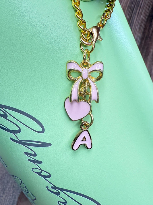 Personalized Initial Tumbler Charm Chain Bow & Heart, Custom Enamel Letter Stanley Cup, Gift for Her (6 Colors) Olivia Rodrigo Swiftie Girl