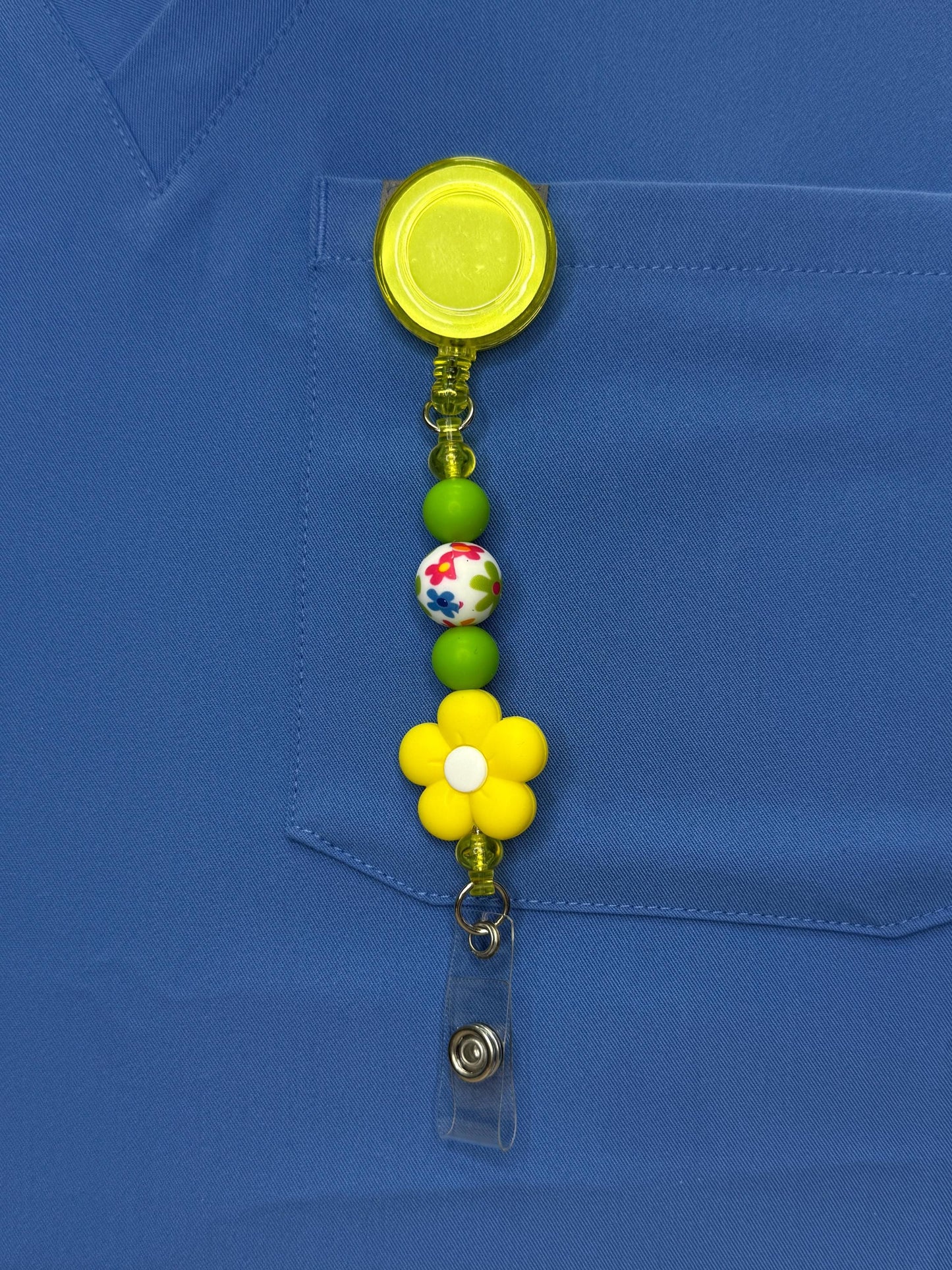 Beaded Nurse Badge Reel: Five-Petal Flower, Retractable ID Holder