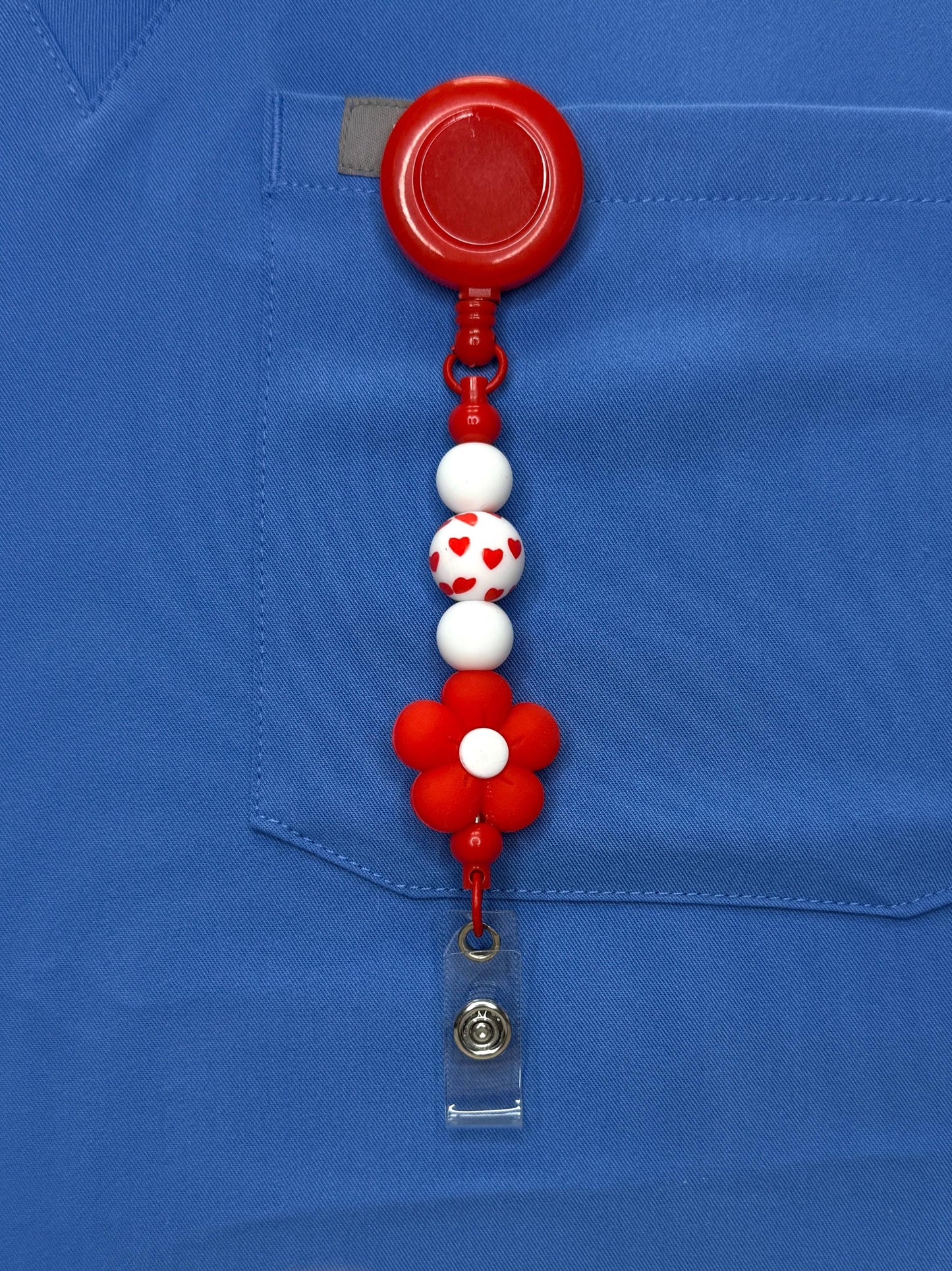 Beaded Nurse Badge Reel: Five-Petal Flower, Retractable ID Holder