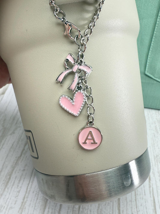 Monogram Charms Personalized Enamel with Silvery Chain | Tumbler & Bag Accessories | Pink or White | Stanley Yeti Camino Compatible