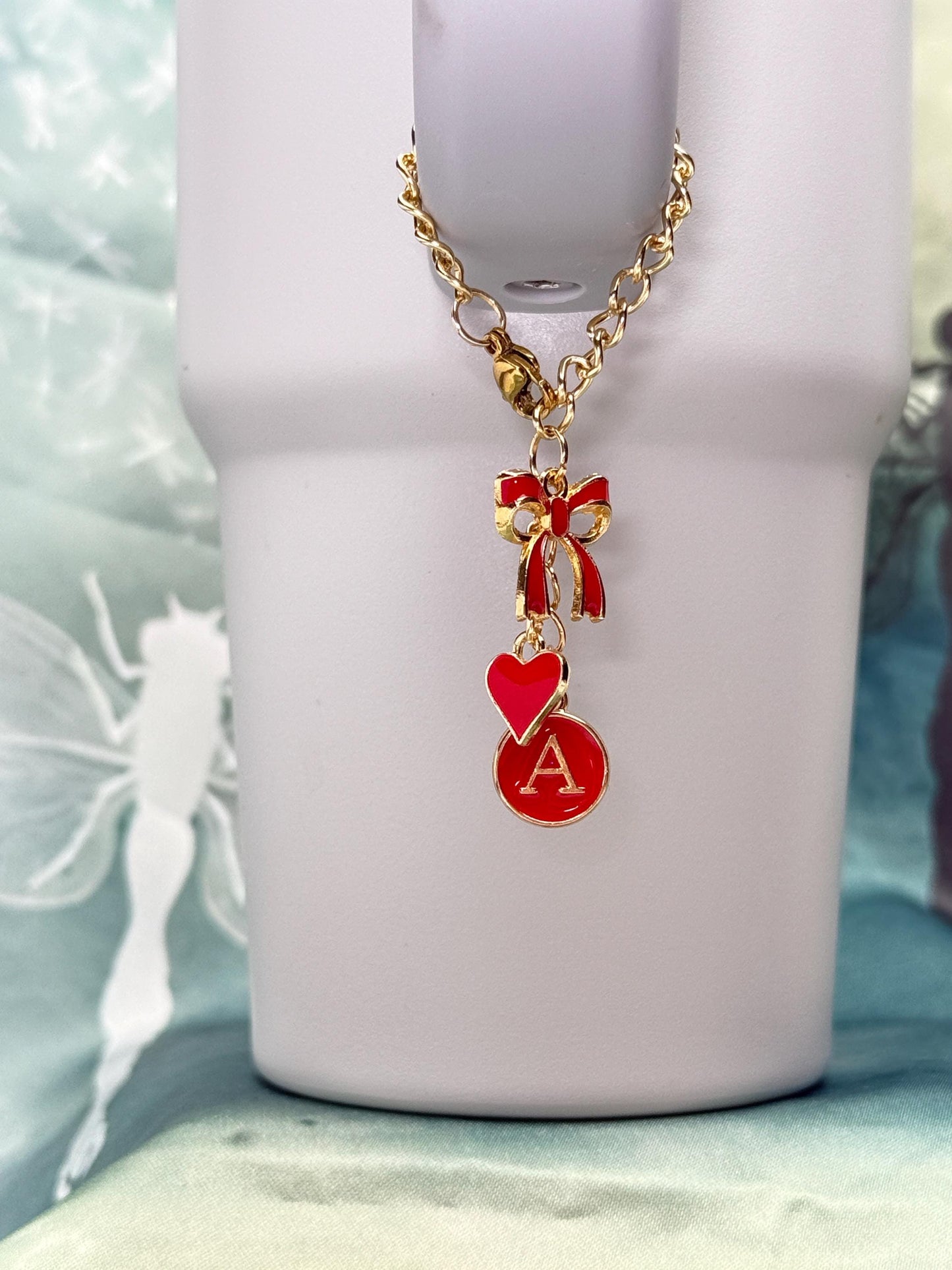Personalized Initial Tumbler Charm Chain Bow & Heart, Custom Enamel Letter Stanley Cup, (6 Colors) Olivia Rodrigo Sabrina Carpenter