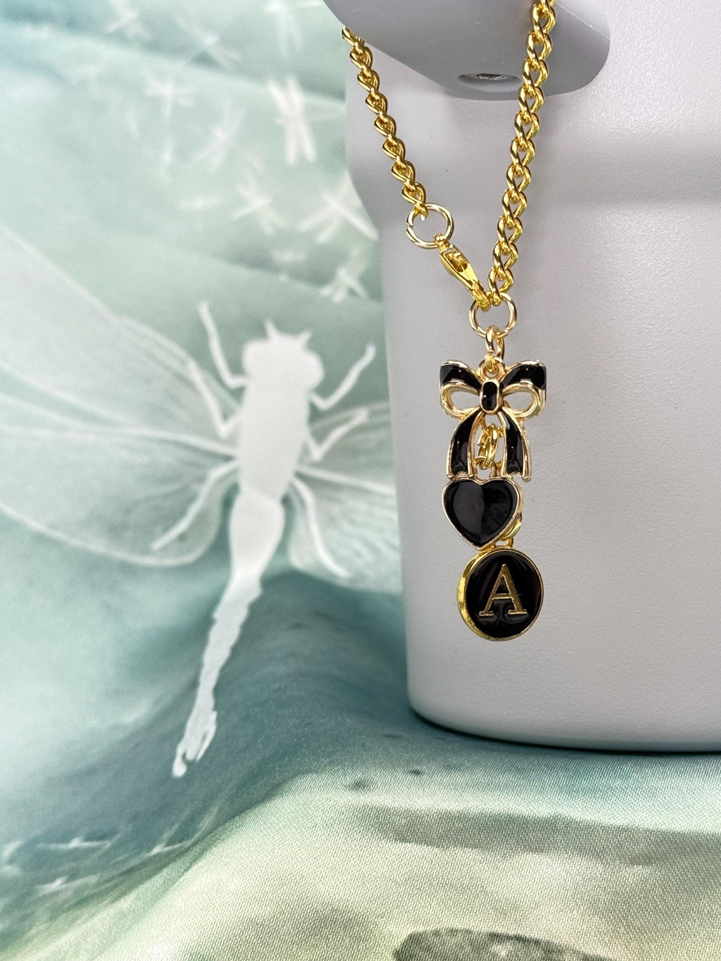 Personalized Initial Tumbler Charm Chain Bow & Heart, Custom Enamel Letter Stanley Cup, (6 Colors) Olivia Rodrigo Sabrina Carpenter