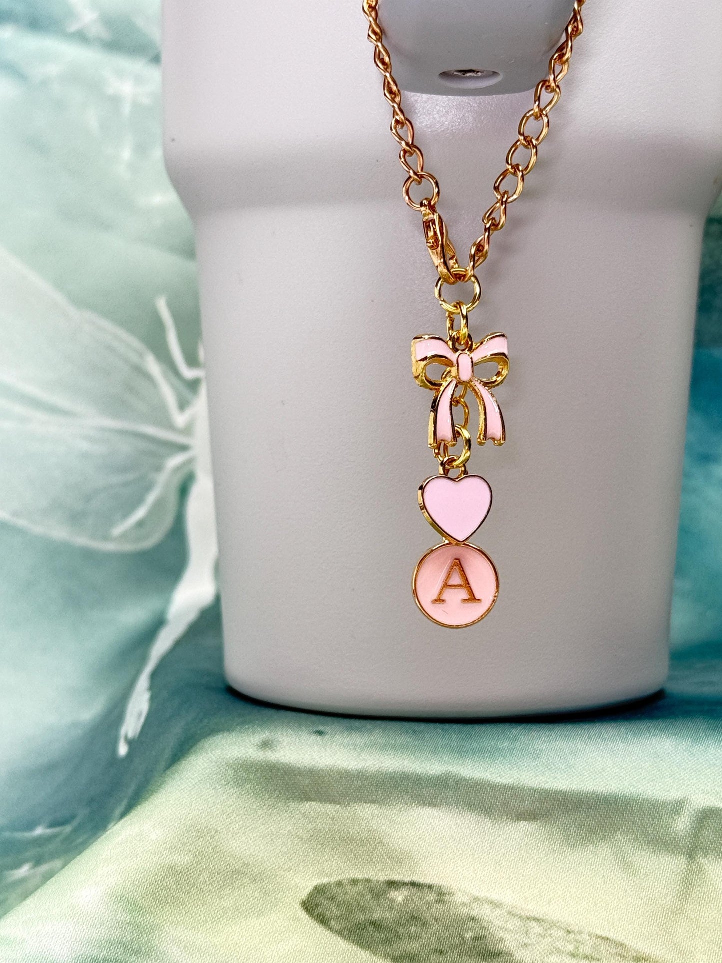 Personalized Initial Tumbler Charm Chain Bow & Heart, Custom Enamel Letter Stanley Cup, (6 Colors) Olivia Rodrigo Sabrina Carpenter