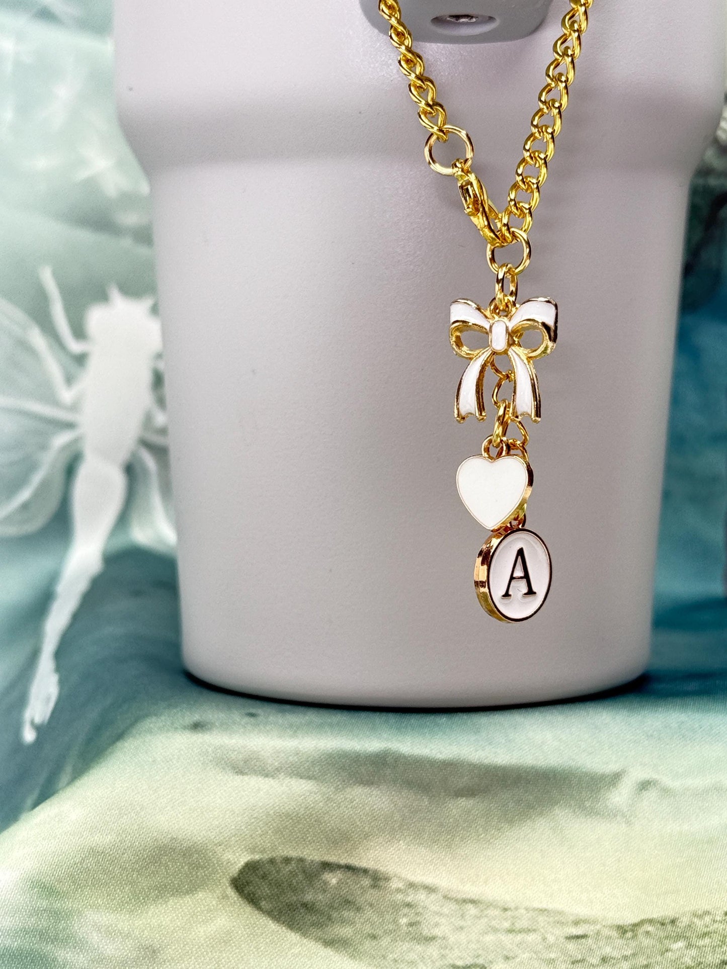 Personalized Initial Tumbler Charm Chain Bow & Heart, Custom Enamel Letter Stanley Cup, (6 Colors) Olivia Rodrigo Sabrina Carpenter
