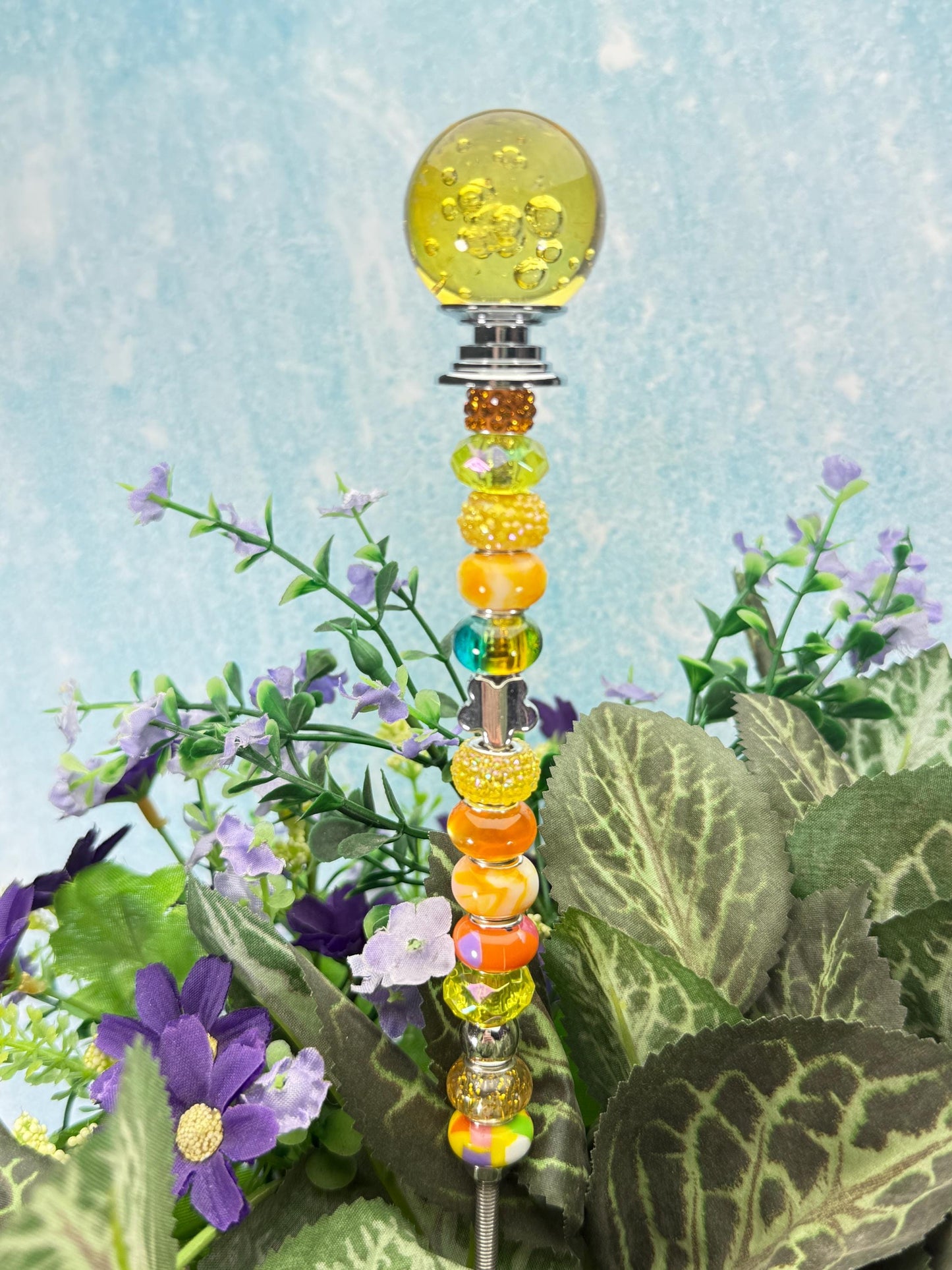 Fairy Garden Suncatcher Stakes – 15” Beaded Plant Decor with Crystal Bubble Ball Topper