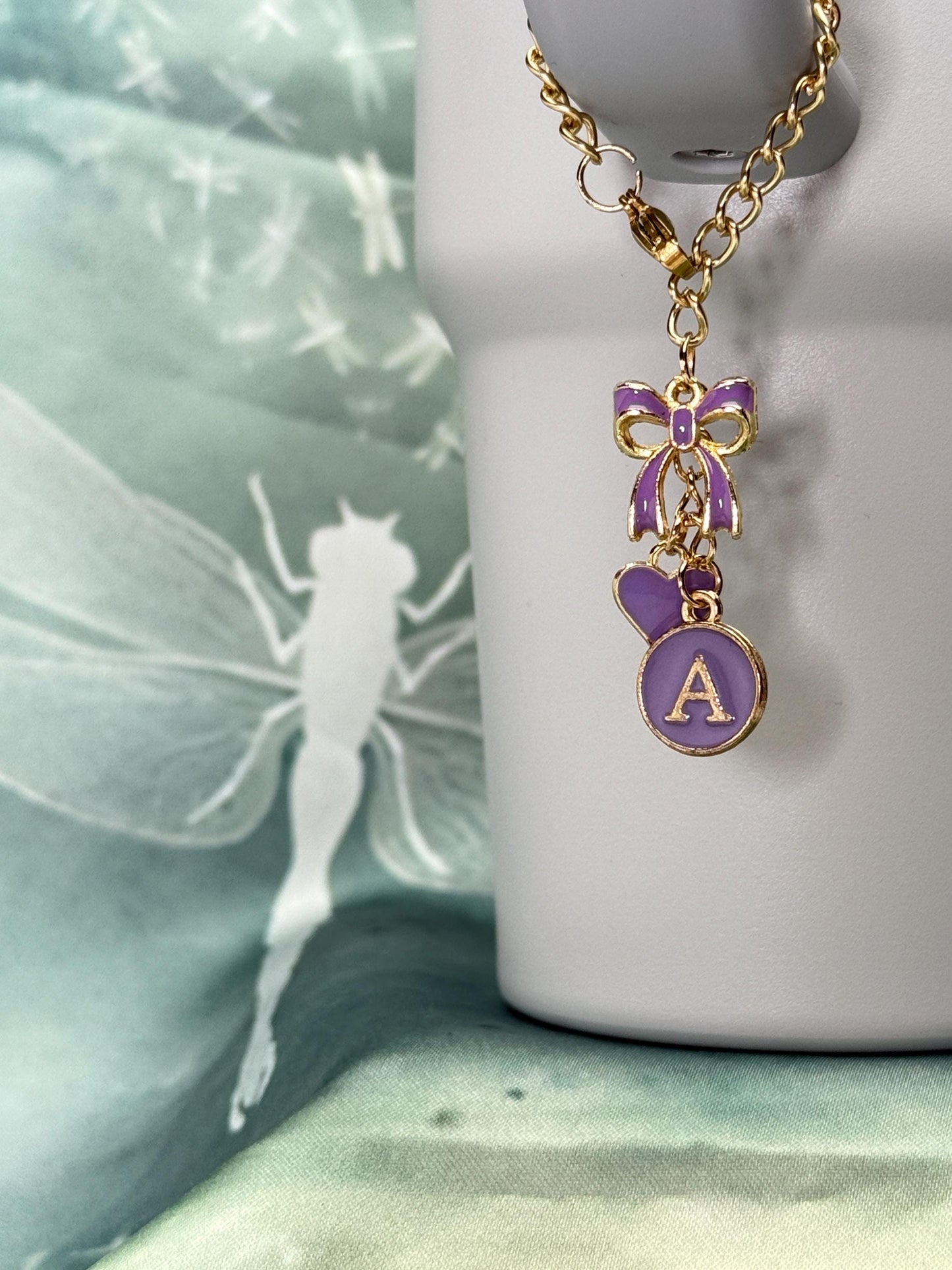 Personalized Initial Tumbler Charm Chain Bow & Heart, Custom Enamel Letter Stanley Cup, (6 Colors) Olivia Rodrigo Sabrina Carpenter