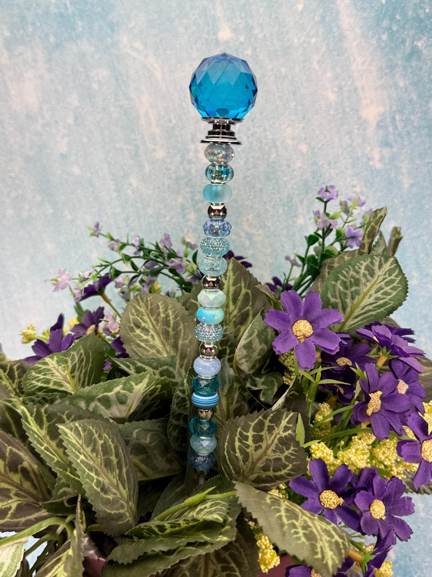 Fairy Garden Suncatcher Stakes – 15” Beaded Plant Decor with Crystal Disco Ball Topper